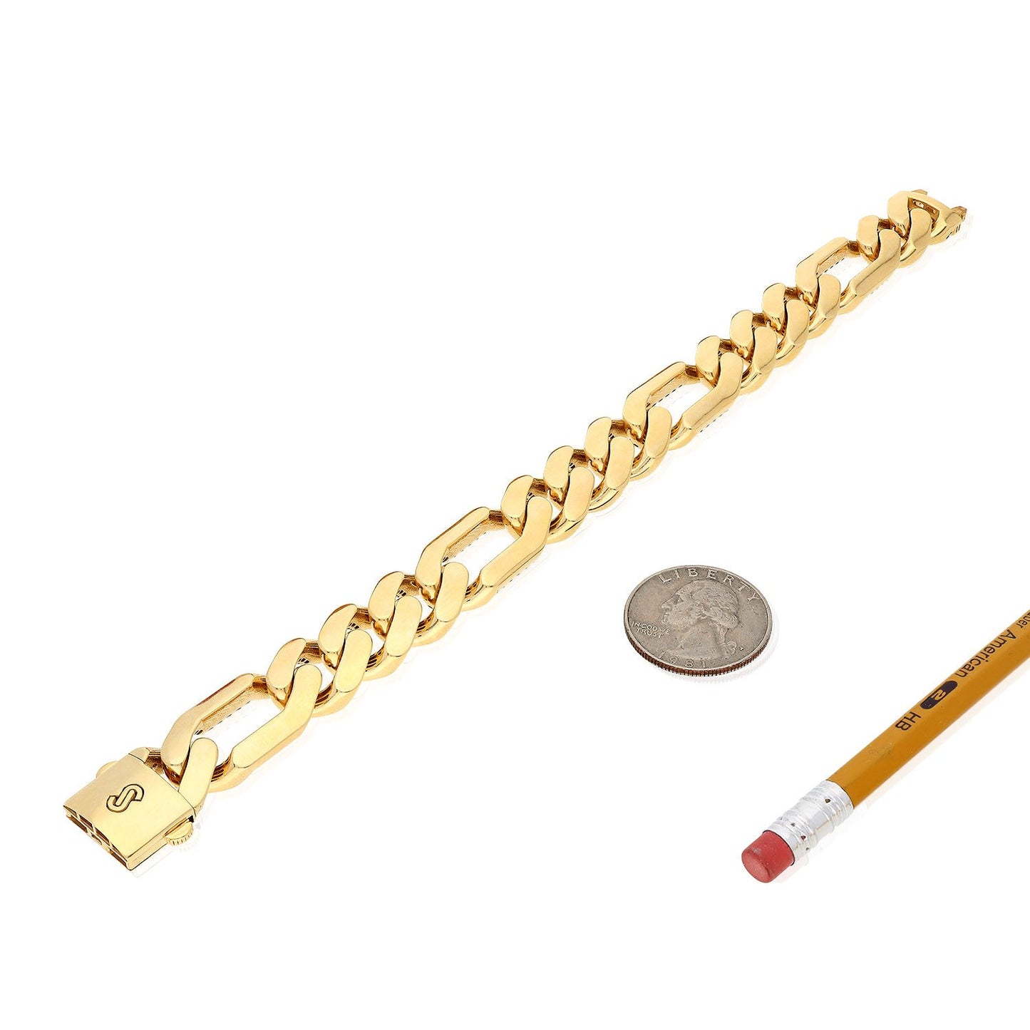 14K Gold Yellow 15mm Wide Figaro Box Clasp Bracelet 8.5"
