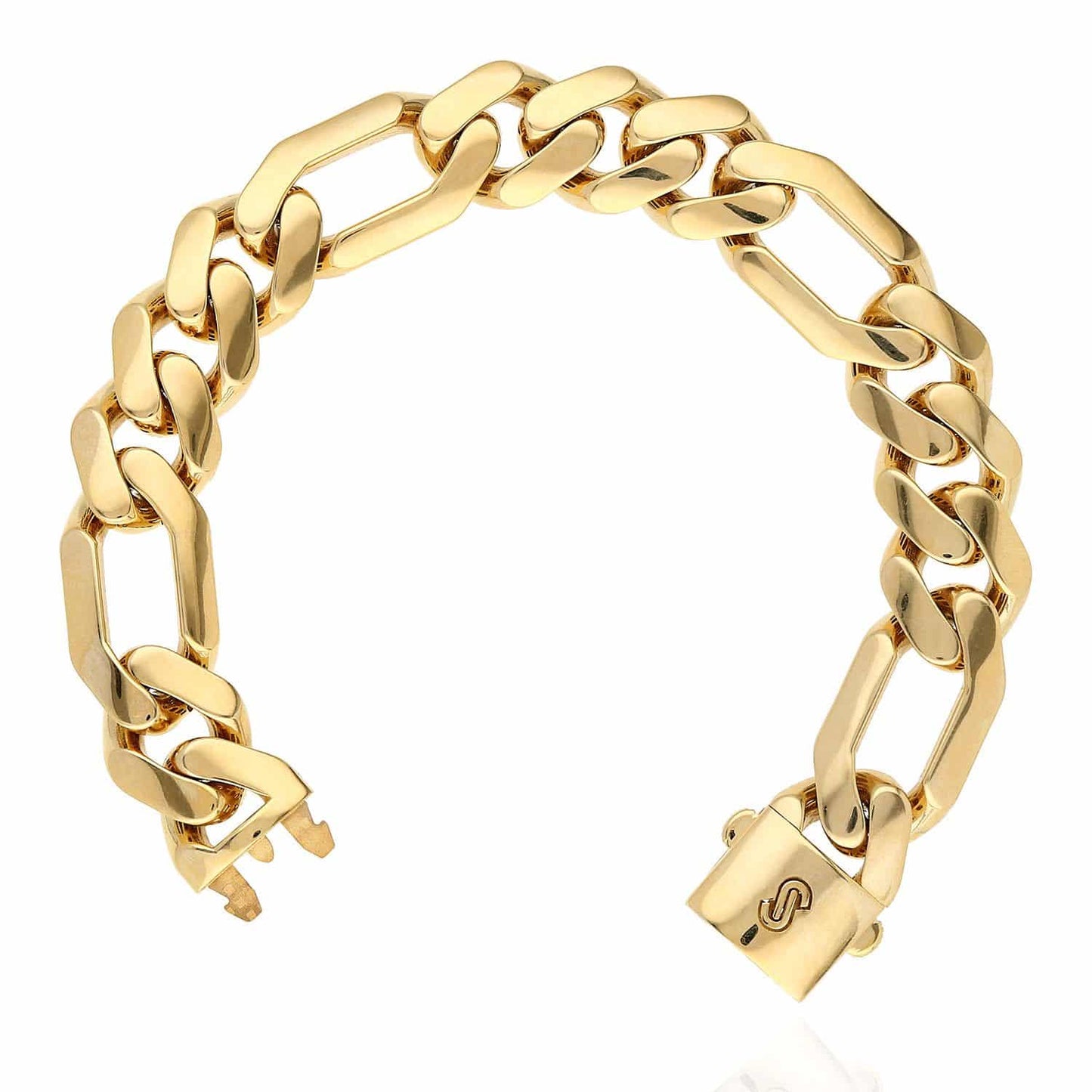 14K Gold Yellow 15mm Wide Figaro Box Clasp Bracelet 8.5"