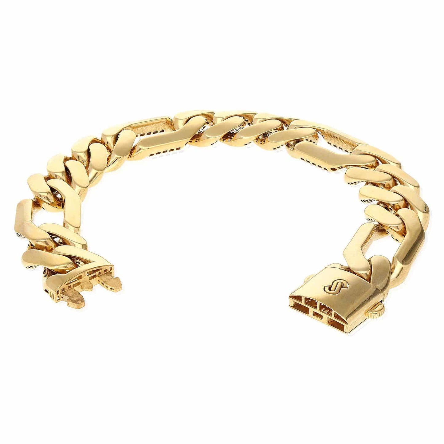 14K Gold Yellow 15mm Wide Figaro Box Clasp Bracelet 8.5"