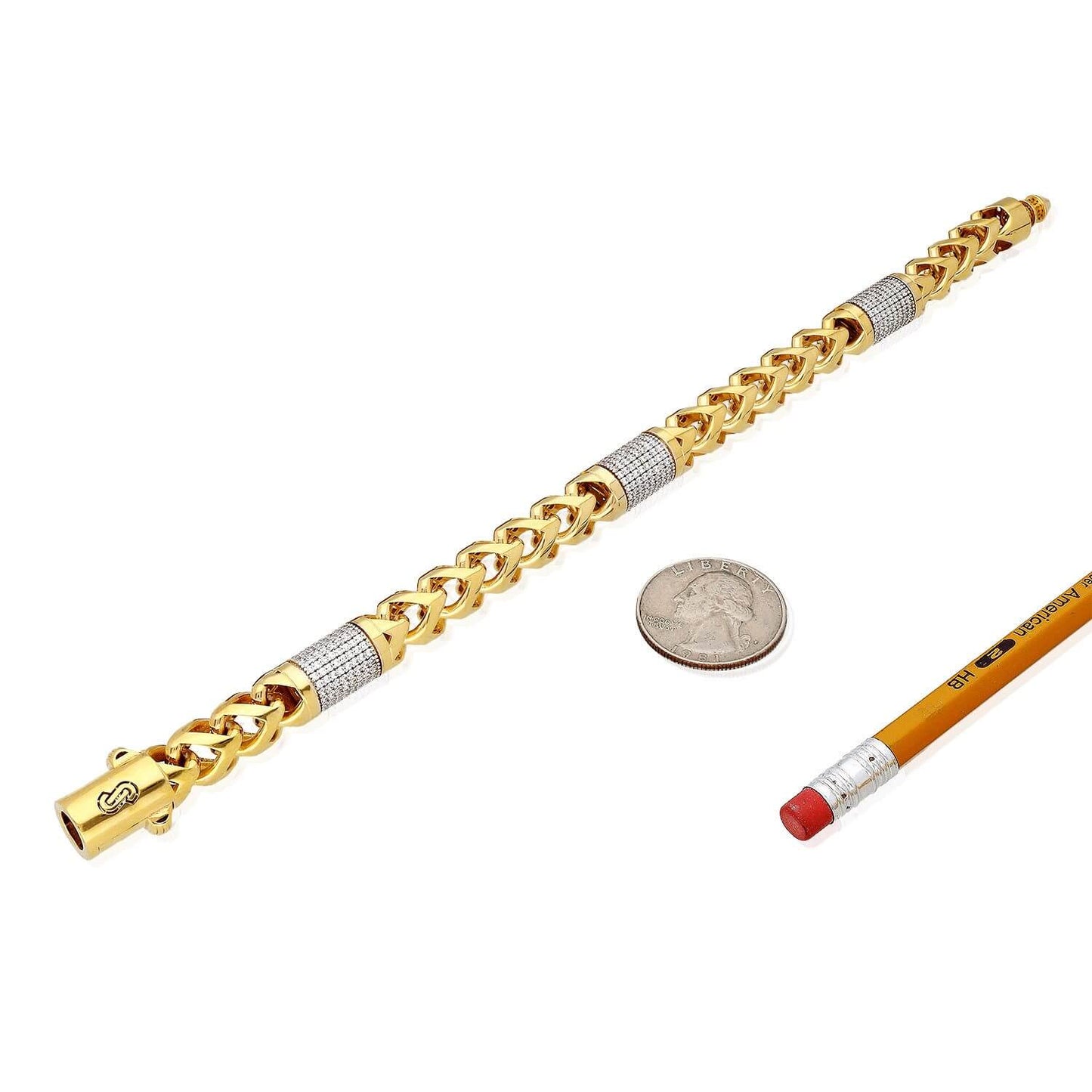 14K Yellow Gold 10mm Round Franco CZ Bullet Bracelet 8.5"