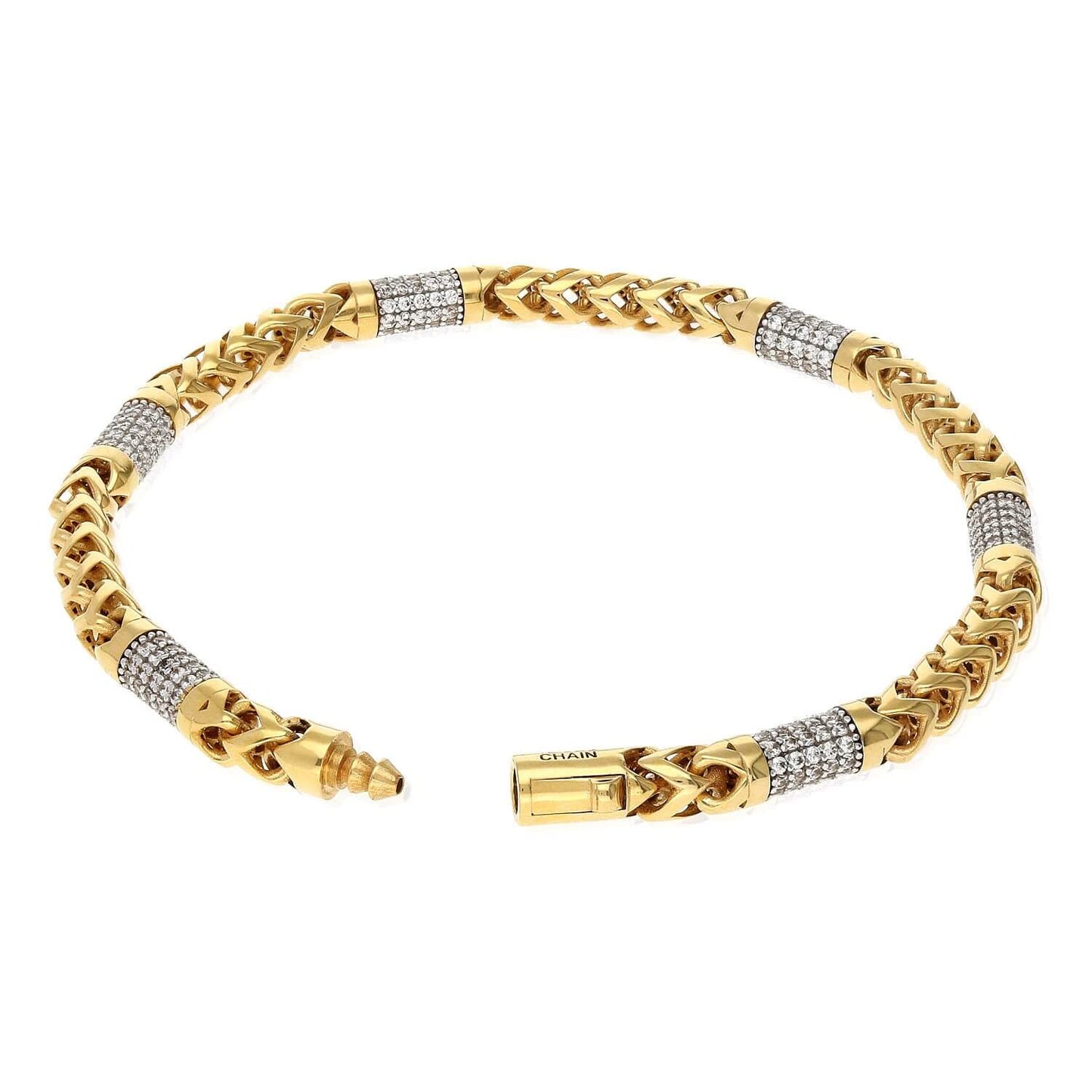 14K Yellow Gold 5mm Round Franco CZ Bullet Bracelet (Solid Links) 8.5"