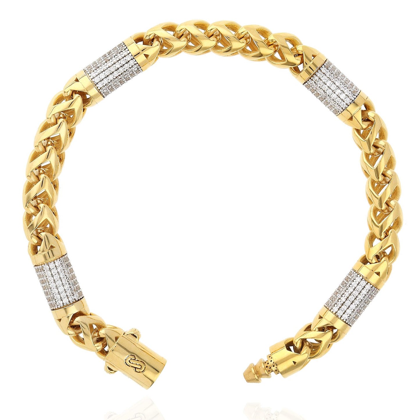14K Yellow Gold 7.5mm Round Franco CZ Bullet Bracelet 8.5″