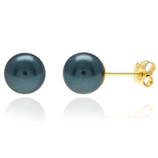 4mm-12mm Blue Crystal Pearl Ball Push Back Stud Earrings 14K Yellow Gold
