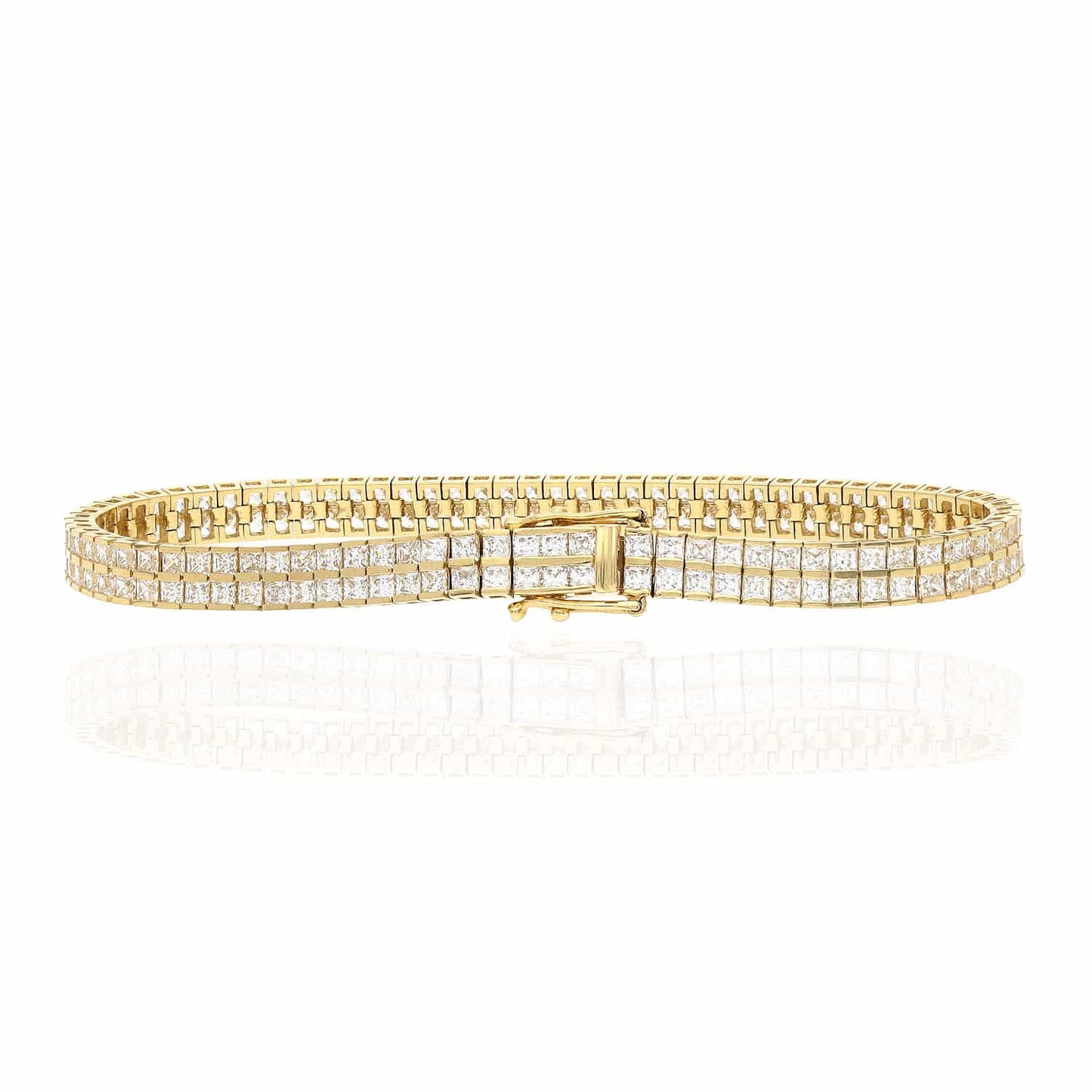14K Gold Yellow 2-Row Channel CZ 5mm Princess Tennis Bracelet 7"