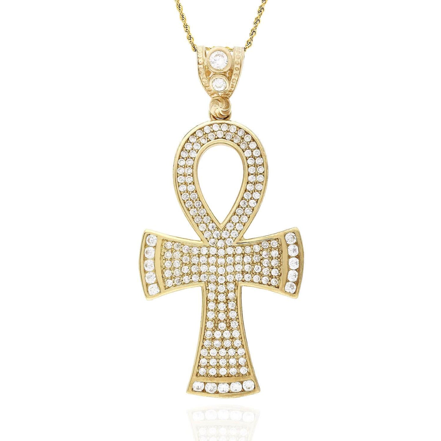 10K Yellow Gold Created Diamond Egyptian Ankh Cross Pendant 2"