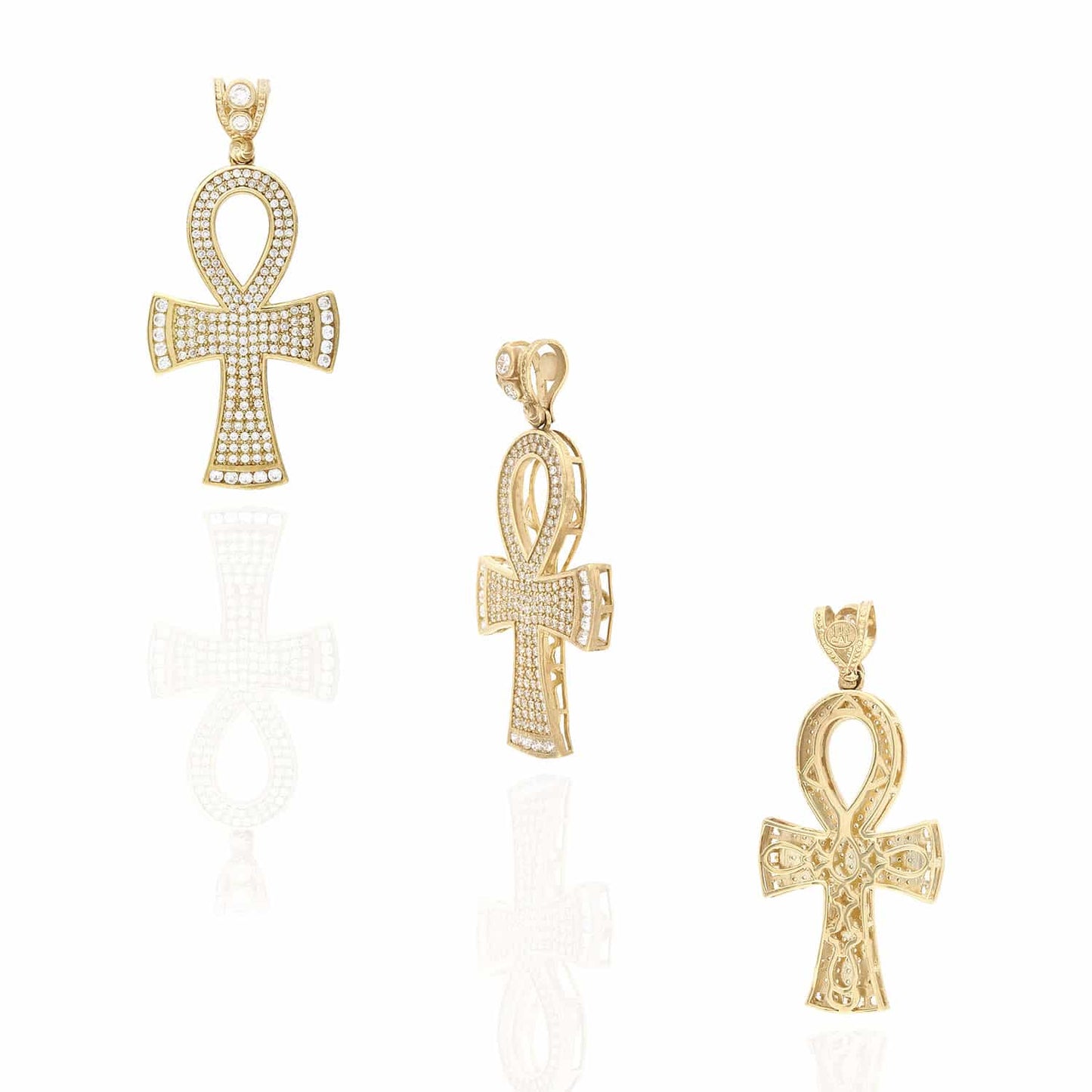 10K Yellow Gold Created Diamond Egyptian Ankh Cross Pendant 2"