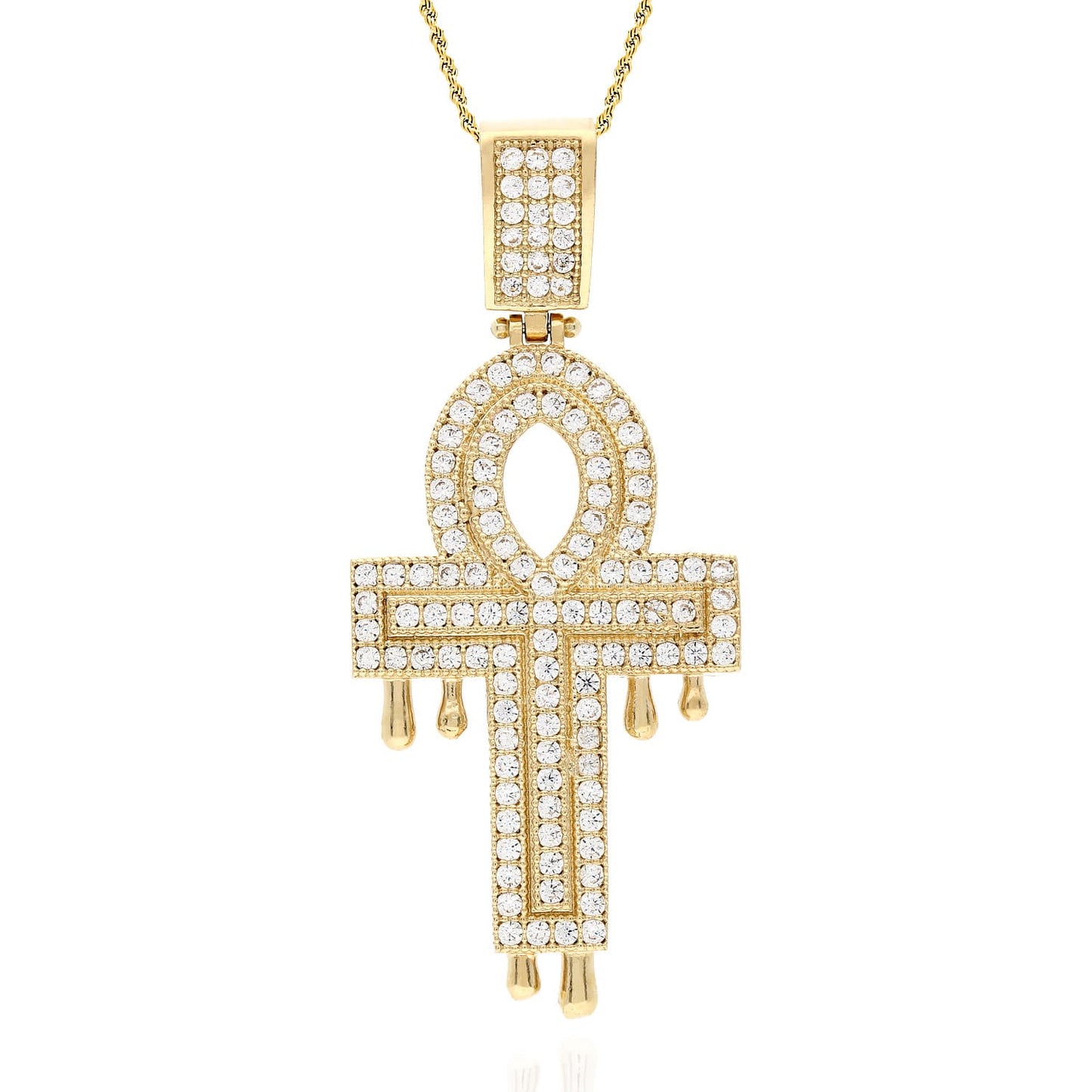 14K Yellow Gold CZ Egyptian Ankh Drip Cross Pendant 1.9"