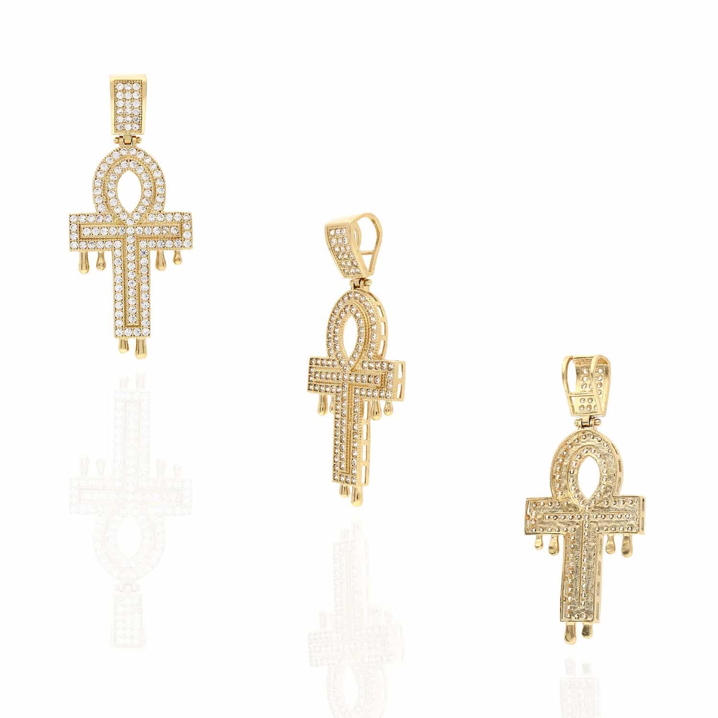 14K Yellow Gold CZ Egyptian Ankh Drip Cross Pendant 1.9"