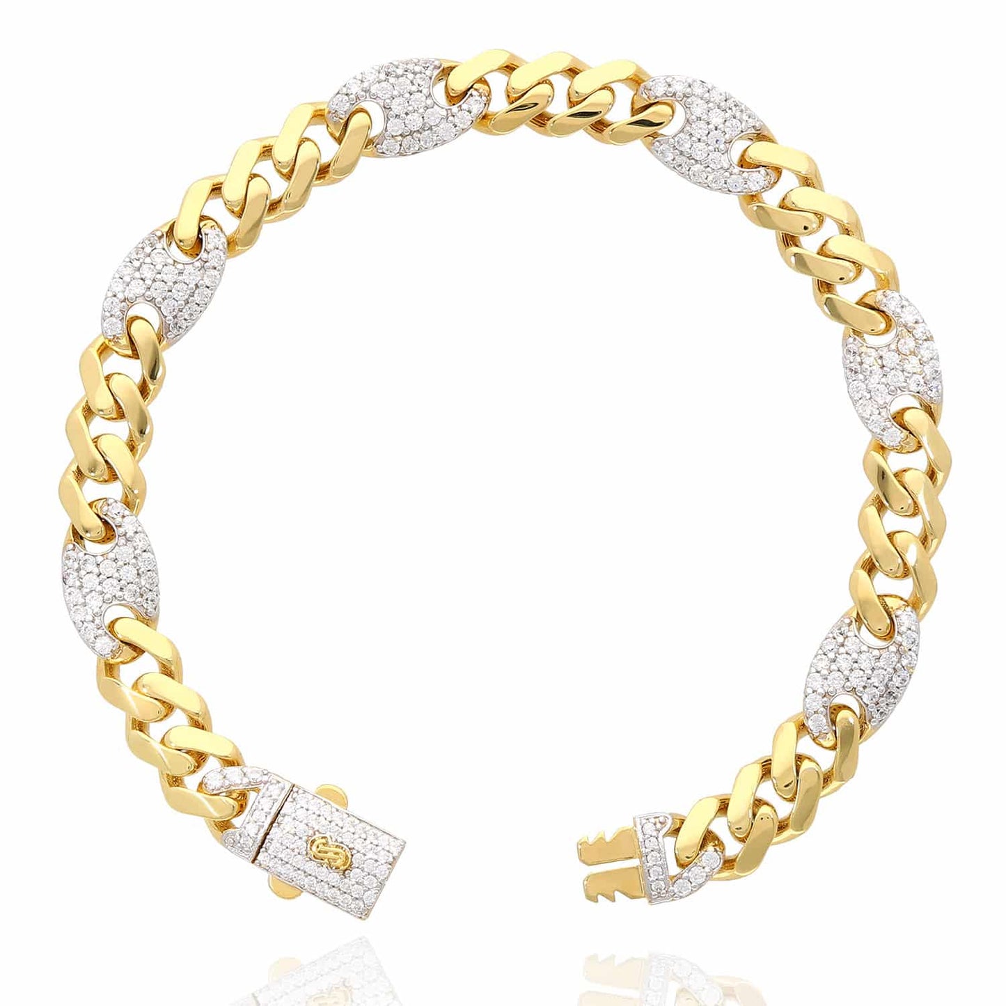 14K Gold Yellow Miami CZ 8mm Pave Mariner Station Bracelet 8"