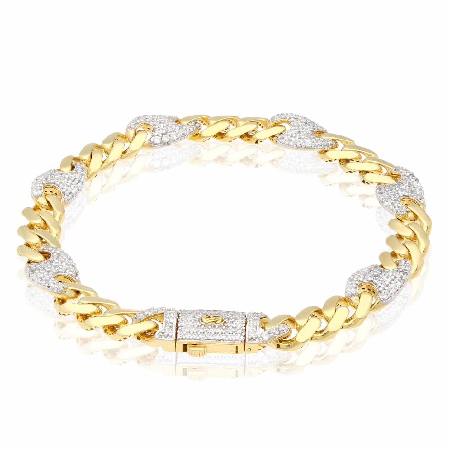 14K Gold Yellow Miami CZ 8mm Pave Mariner Station Bracelet 8"