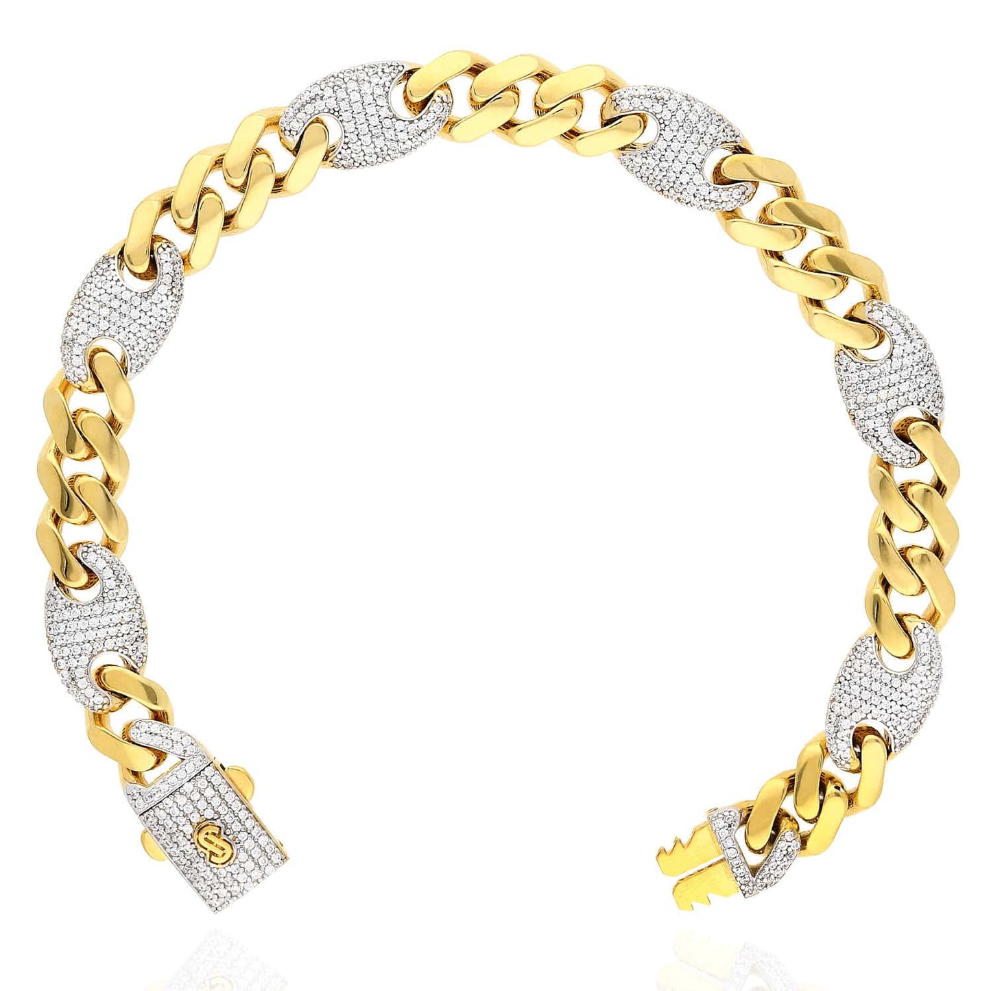 14K Yellow Gold CZ 10mm Miami Cuban Puffed Mariner Anchor Bracelet (Hollow) 8.5"