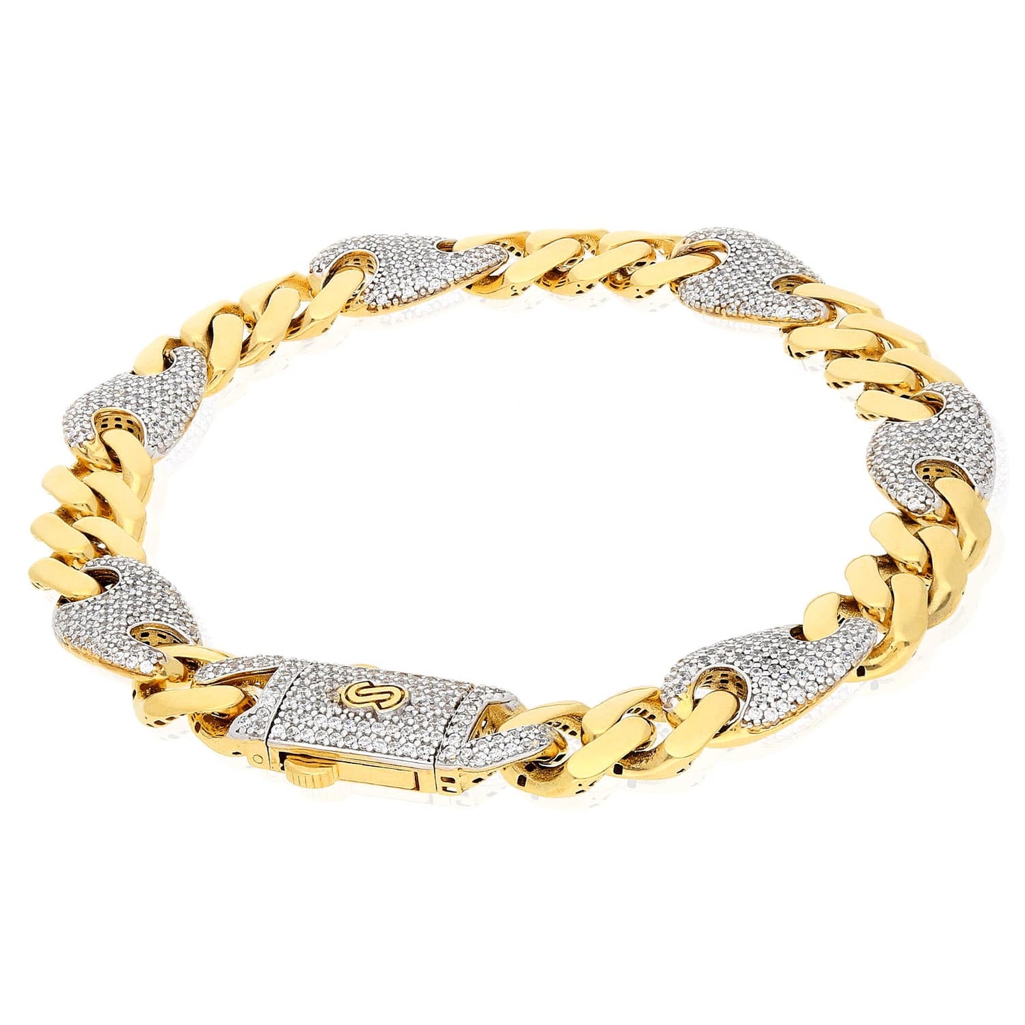14K Gold CZ 10mm Miami Cuban Puffed Mariner Anchor Bracelet 8.5"