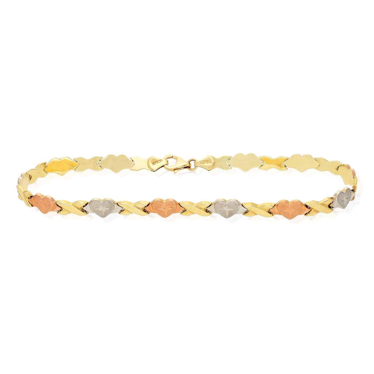 14K Gold Tri-Color Diamond-Cut Stampato Heart And Kisses Anklet 10.5"