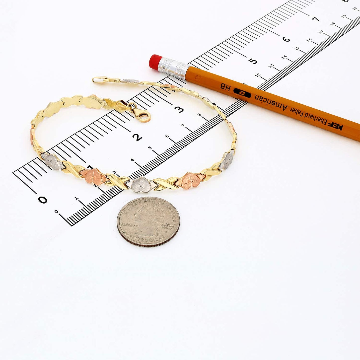 14K Gold Tri-Color Diamond-Cut Stampato Heart And Kisses Anklet 10.5"