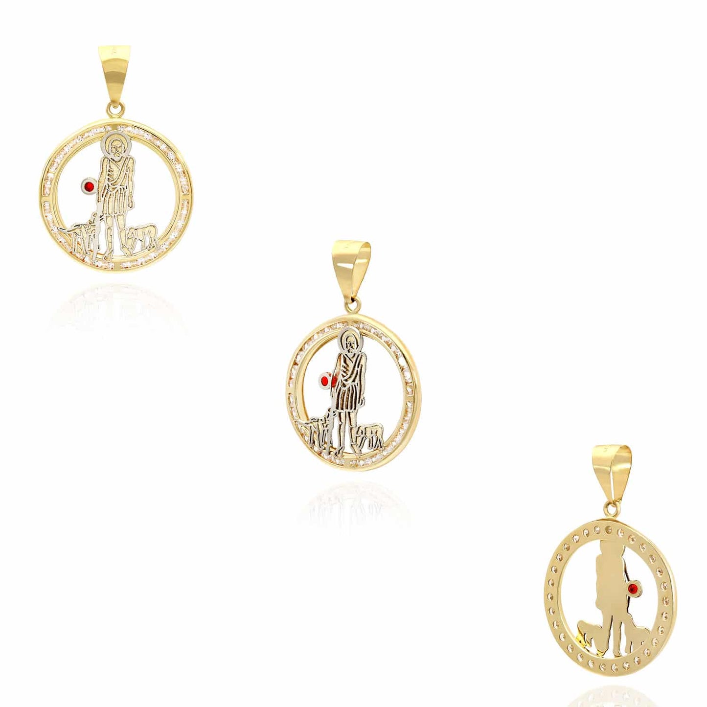 10K Yellow Gold CZ And Ruby Saint Lazare Round Medallion Pendant