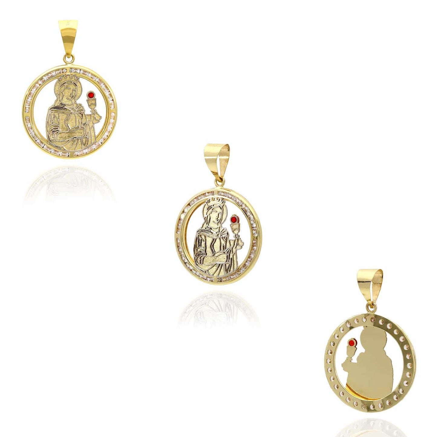 10K Yellow Gold CZ And Ruby Religious Santa Barbara Round Pendant