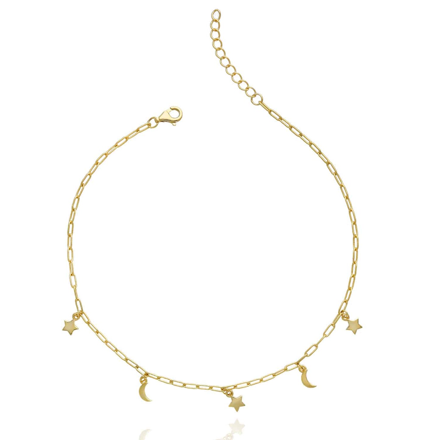 Yellow Gold Over 925 Silver Moon Star Charms Adjustable 9"-10" Anklet Bracelet
