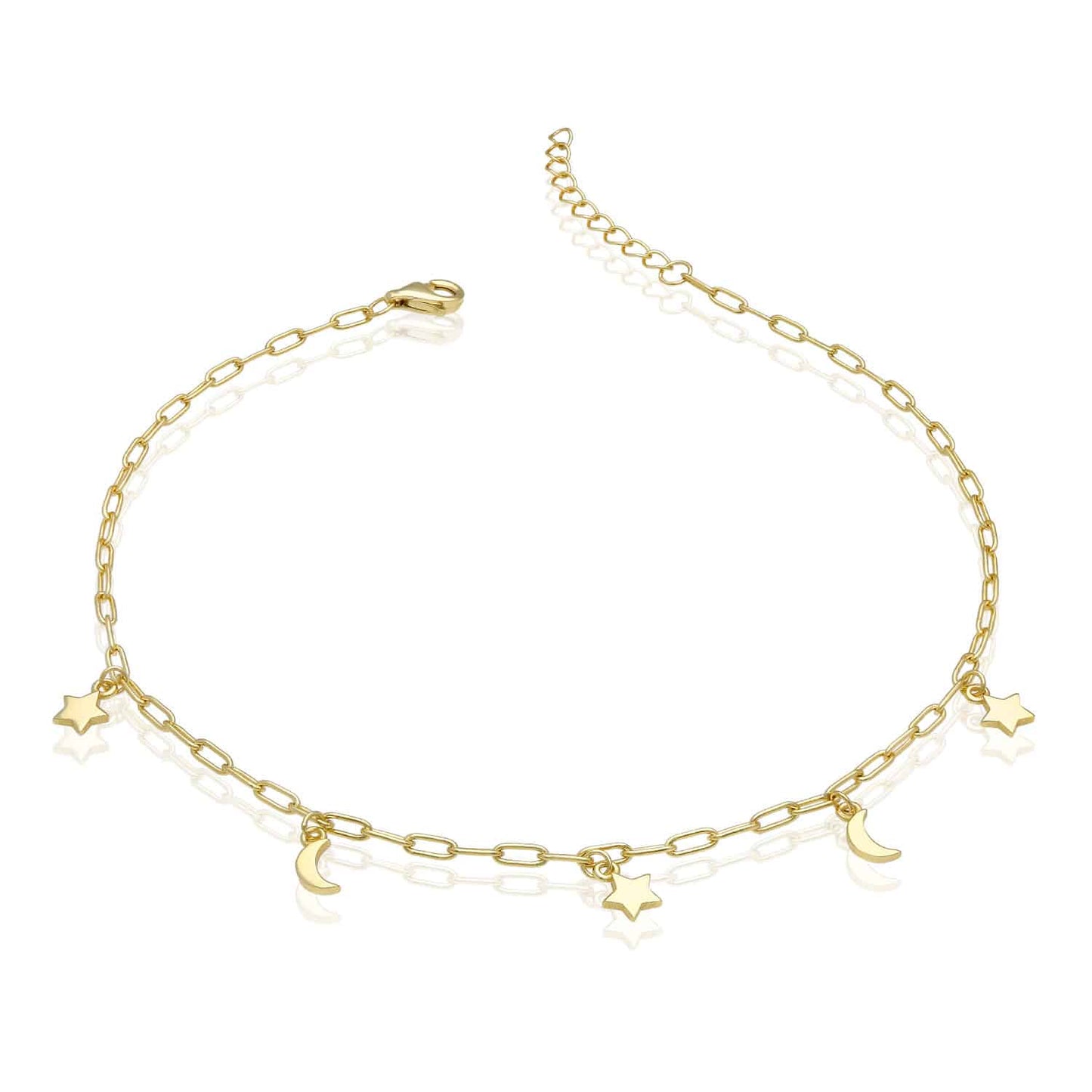 Yellow Gold Over 925 Silver Moon Star Charms Adjustable 9"-10" Anklet Bracelet