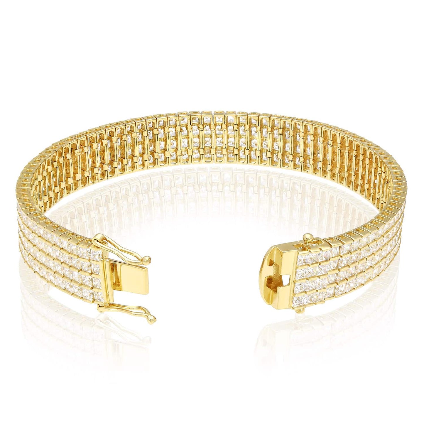 14K Yellow Gold Four Row Princes Cut CZ Tennis Bracelet 7"