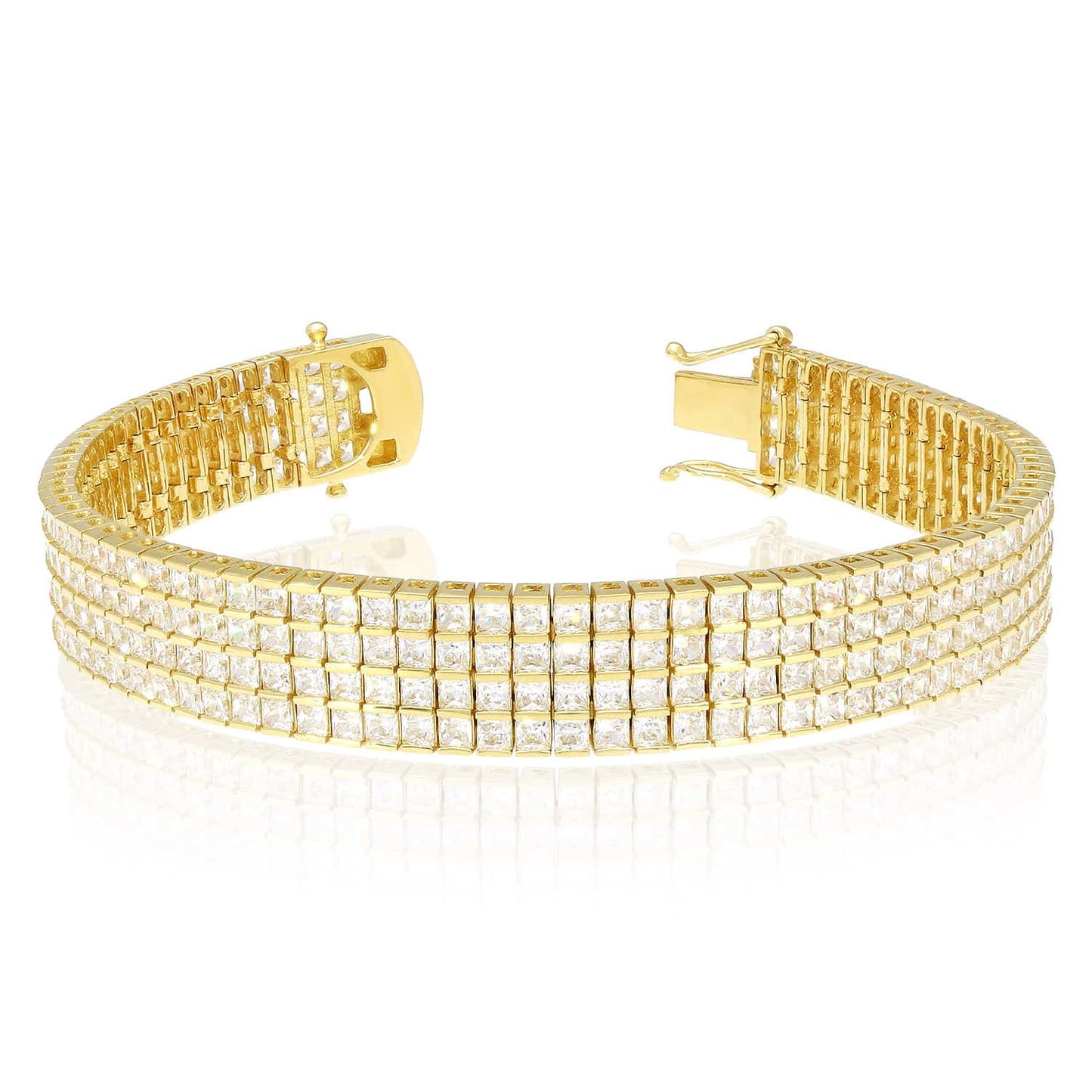 14K Yellow Gold Four Row Princes Cut CZ Tennis Bracelet 7"