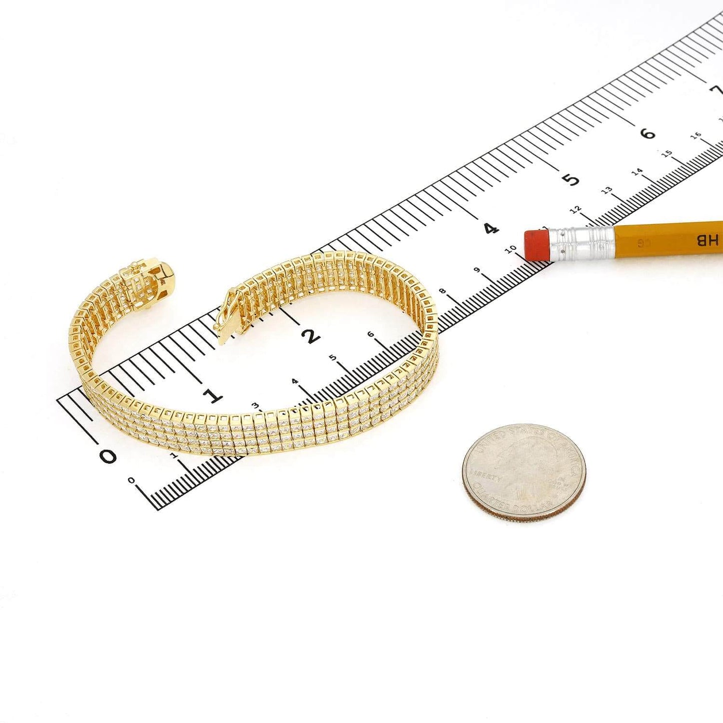 14K Yellow Gold Four Row Princes Cut CZ Tennis Bracelet 7"