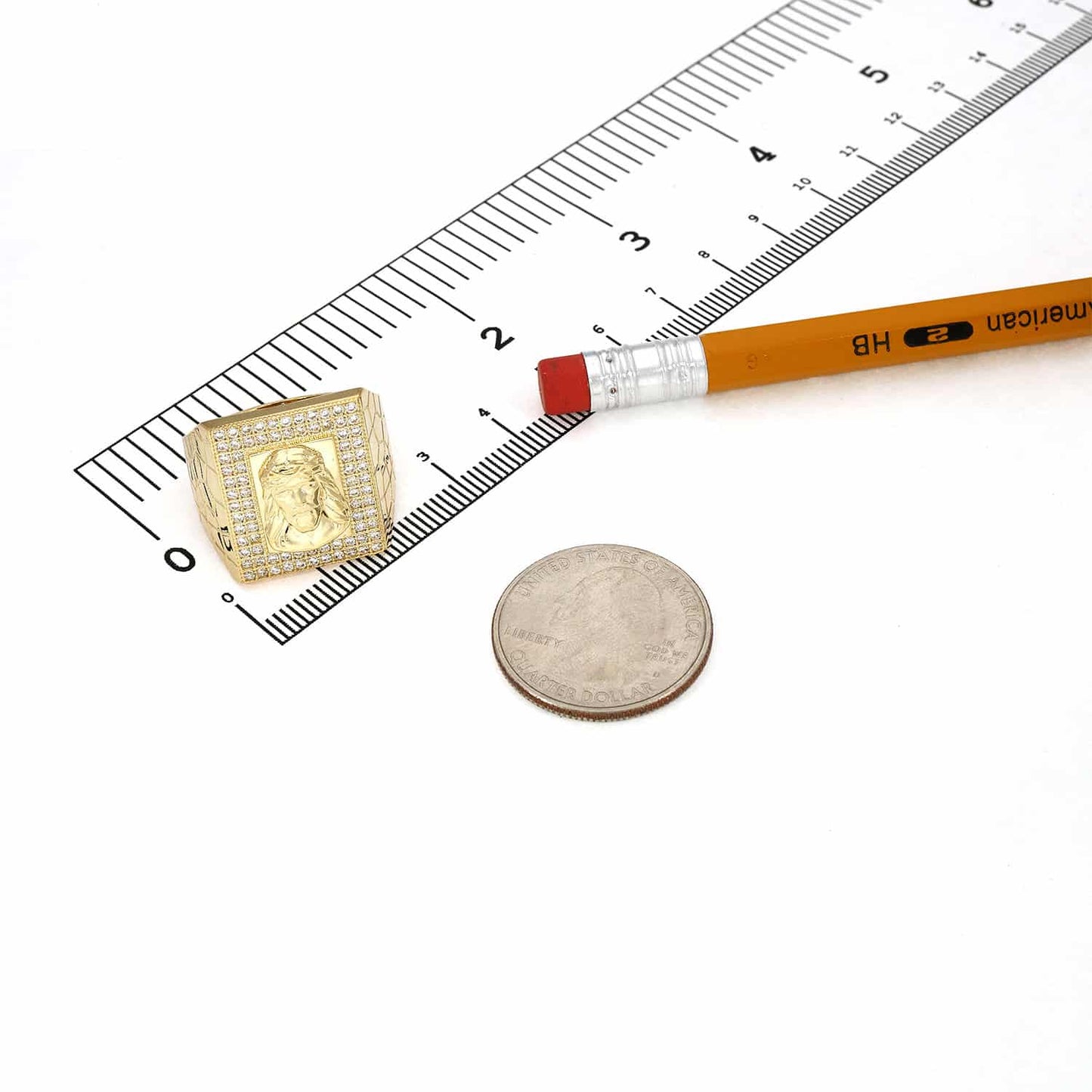 10K Yellow Gold CZ Pave Jesus Head Signet Mens Ring