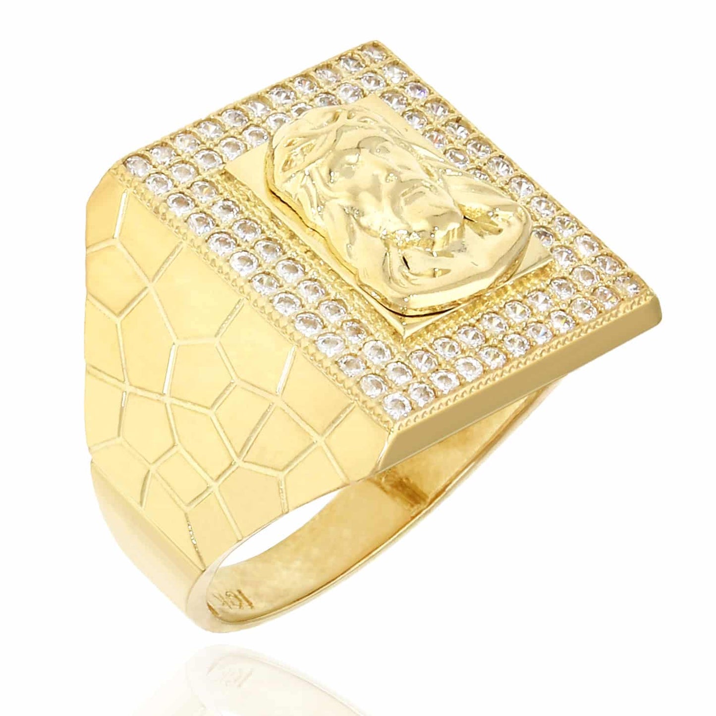 10K Yellow Gold CZ Pave Jesus Head Signet Mens Ring
