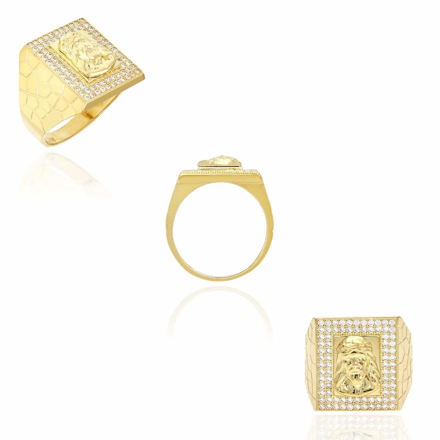 10K Yellow Gold CZ Pave Jesus Head Signet Mens Ring