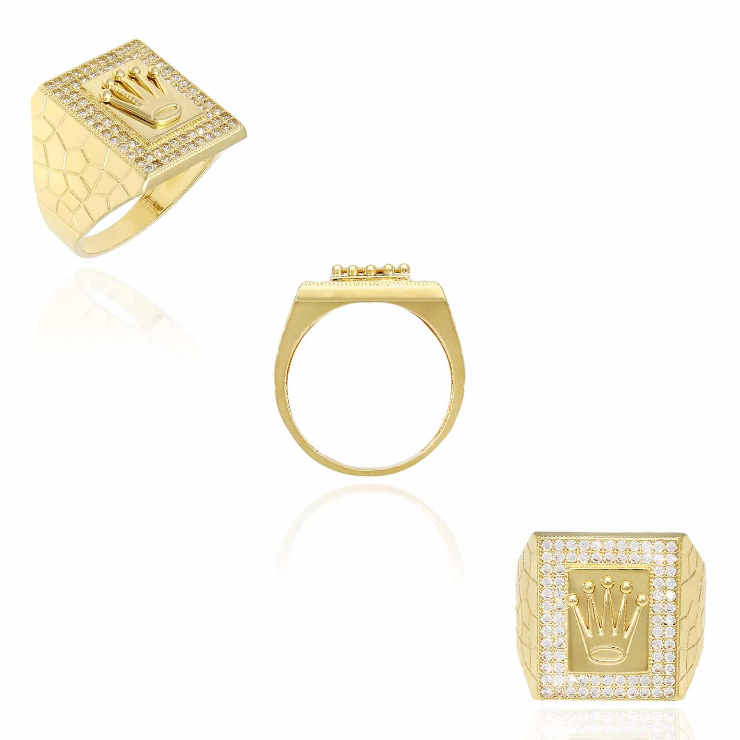 14K Gold Yellow CZ Pave Crown Signet Mens Ring