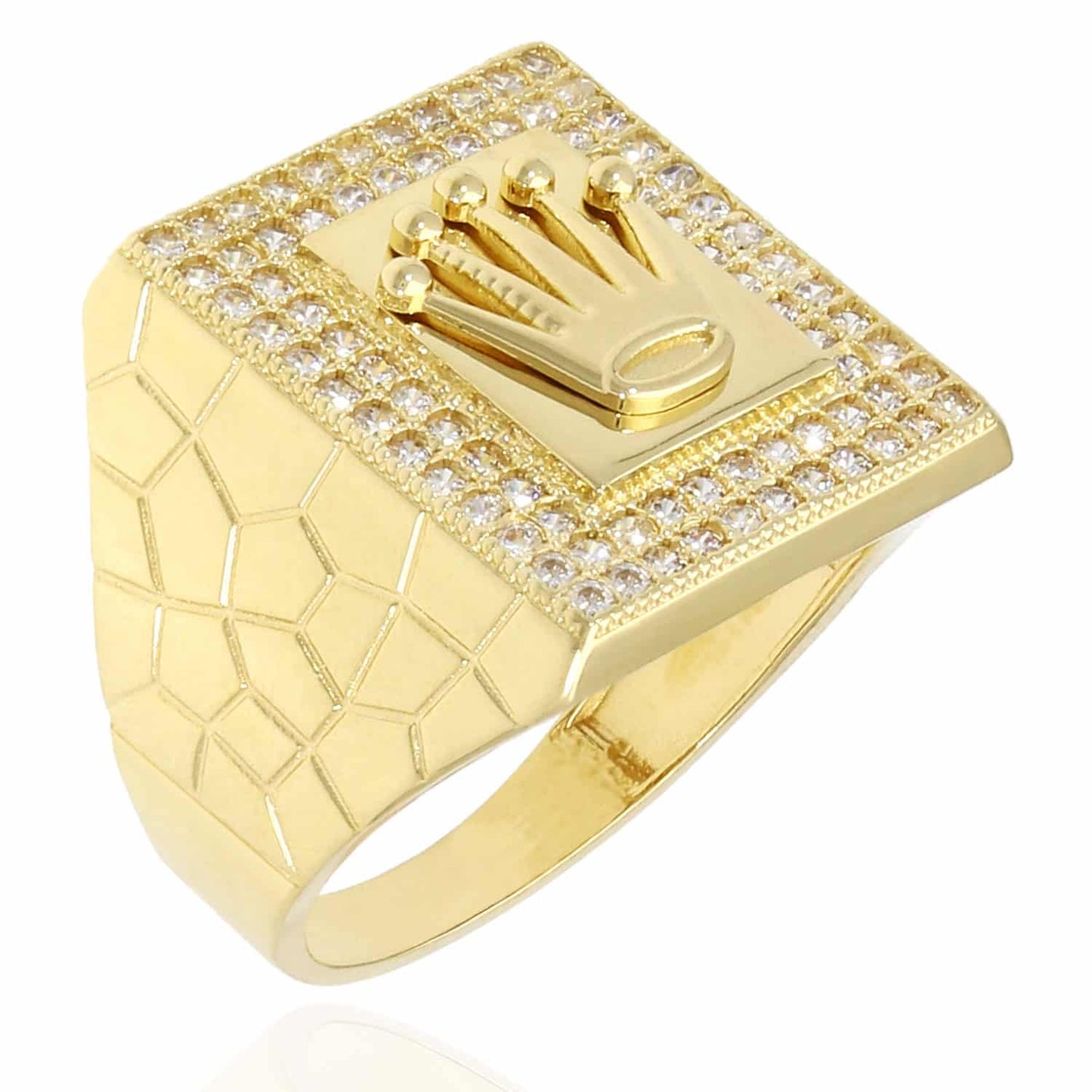 14K Gold Yellow CZ Pave Crown Signet Mens Ring