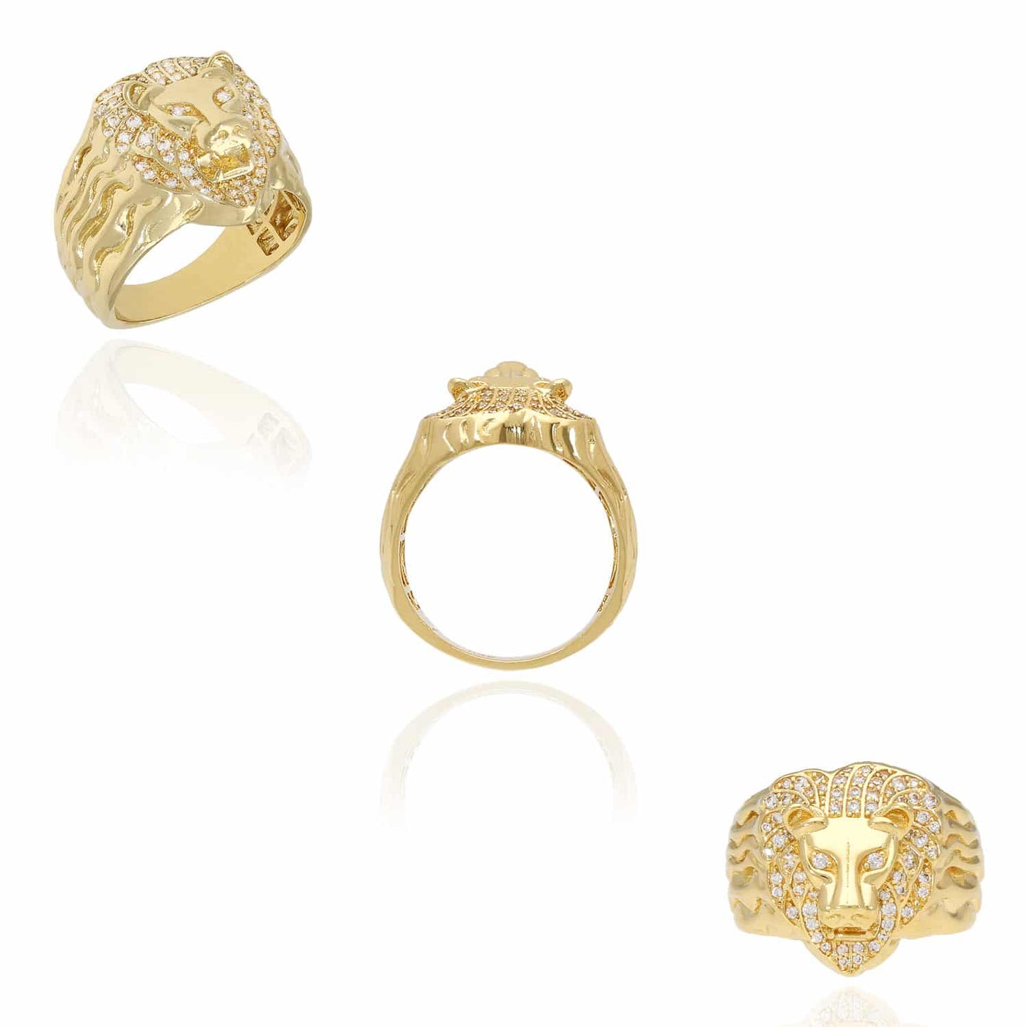 14K Gold Yellow CZ Lion Face Signet Mens Ring