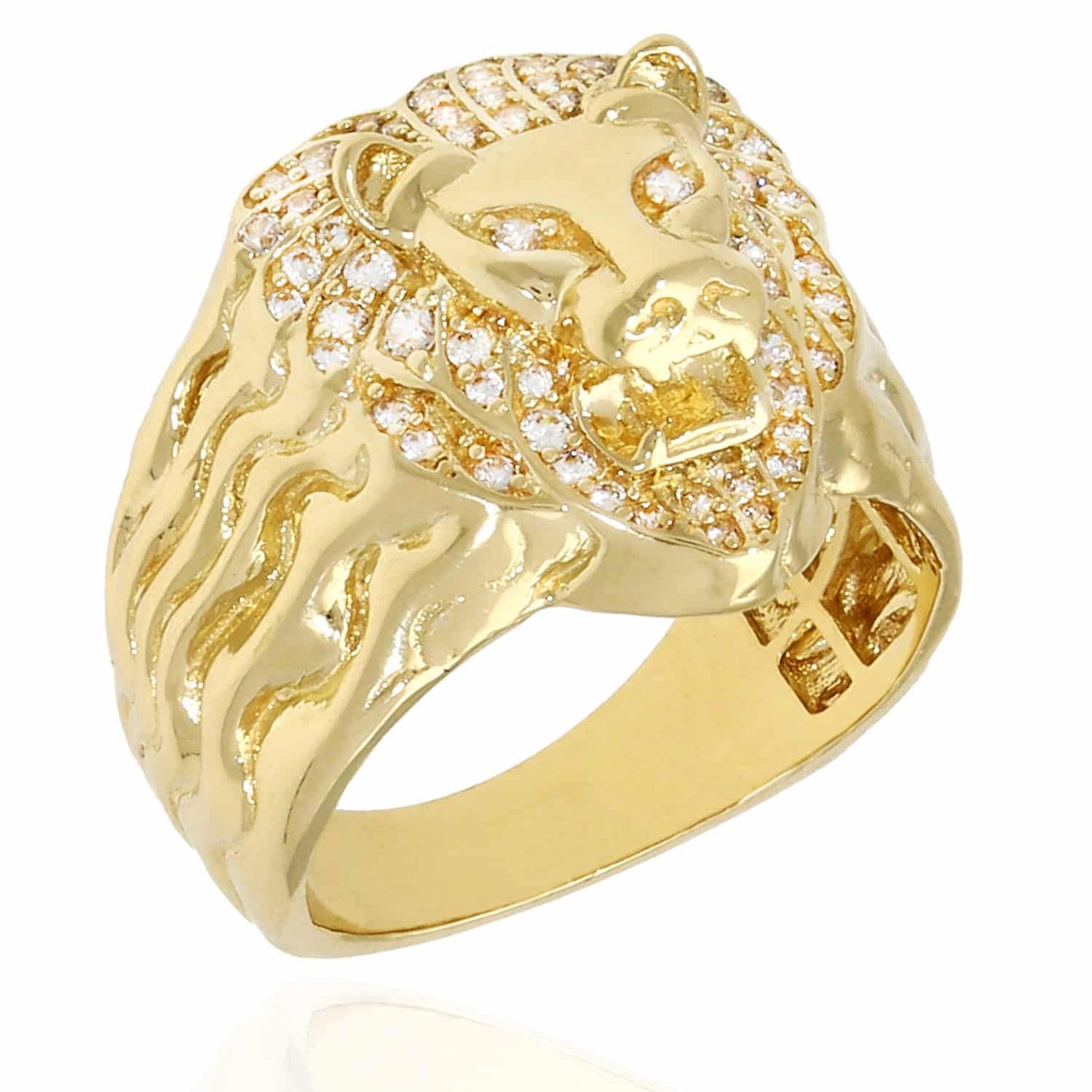 14K Gold Yellow CZ Lion Face Signet Mens Ring