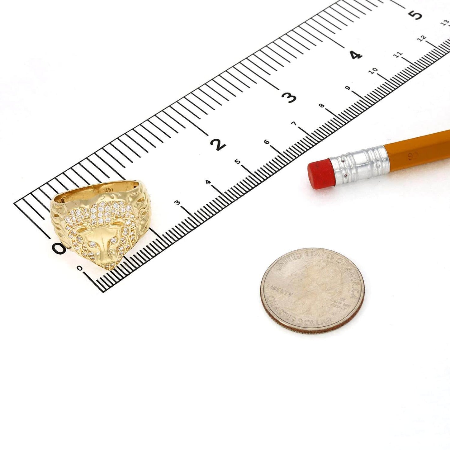 14K Gold Yellow CZ Lion Face Signet Mens Ring