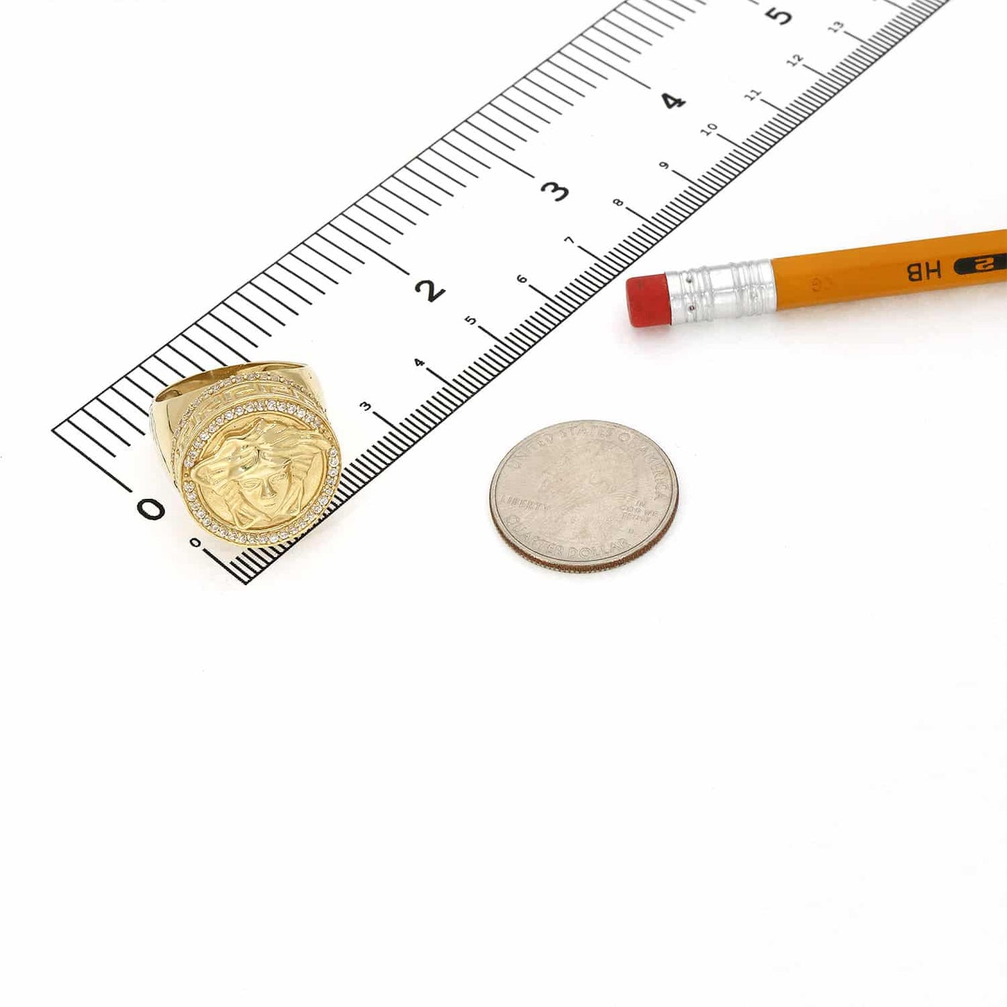 14K Gold Yellow CZ Medusa Head Greek Key Signet Ring