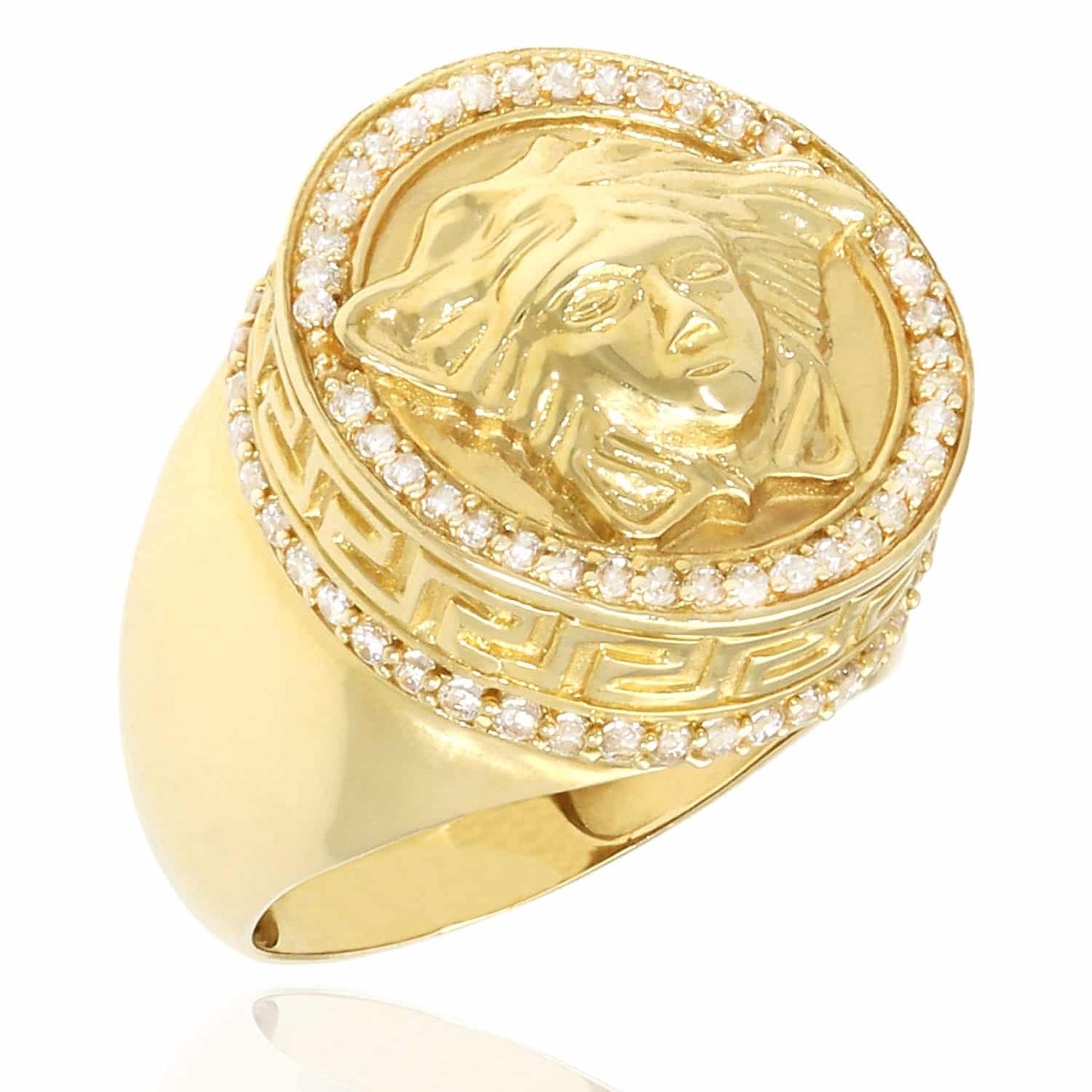 14K Gold Yellow CZ Medusa Head Greek Key Signet Ring