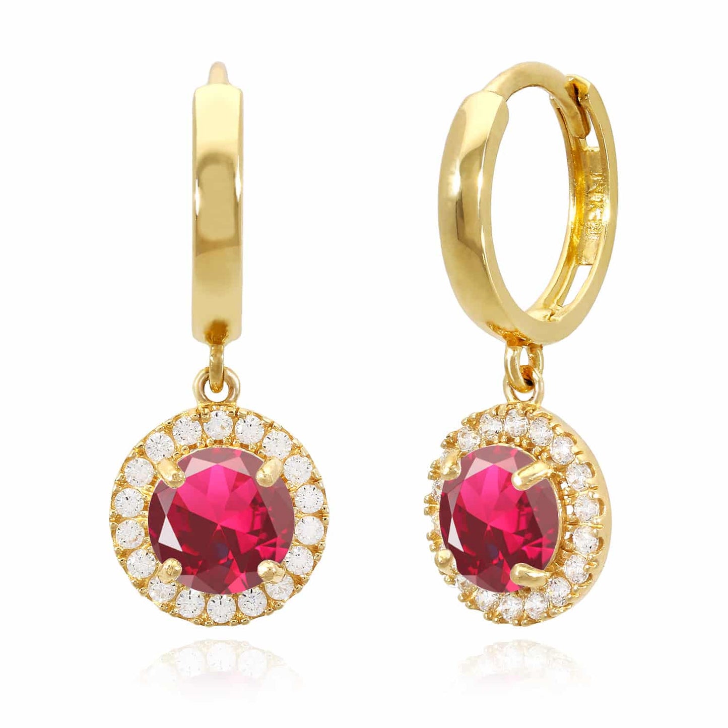 14K Yellow Gold Halo Dangling CZ Gemstone Huggie Hoop Earrings