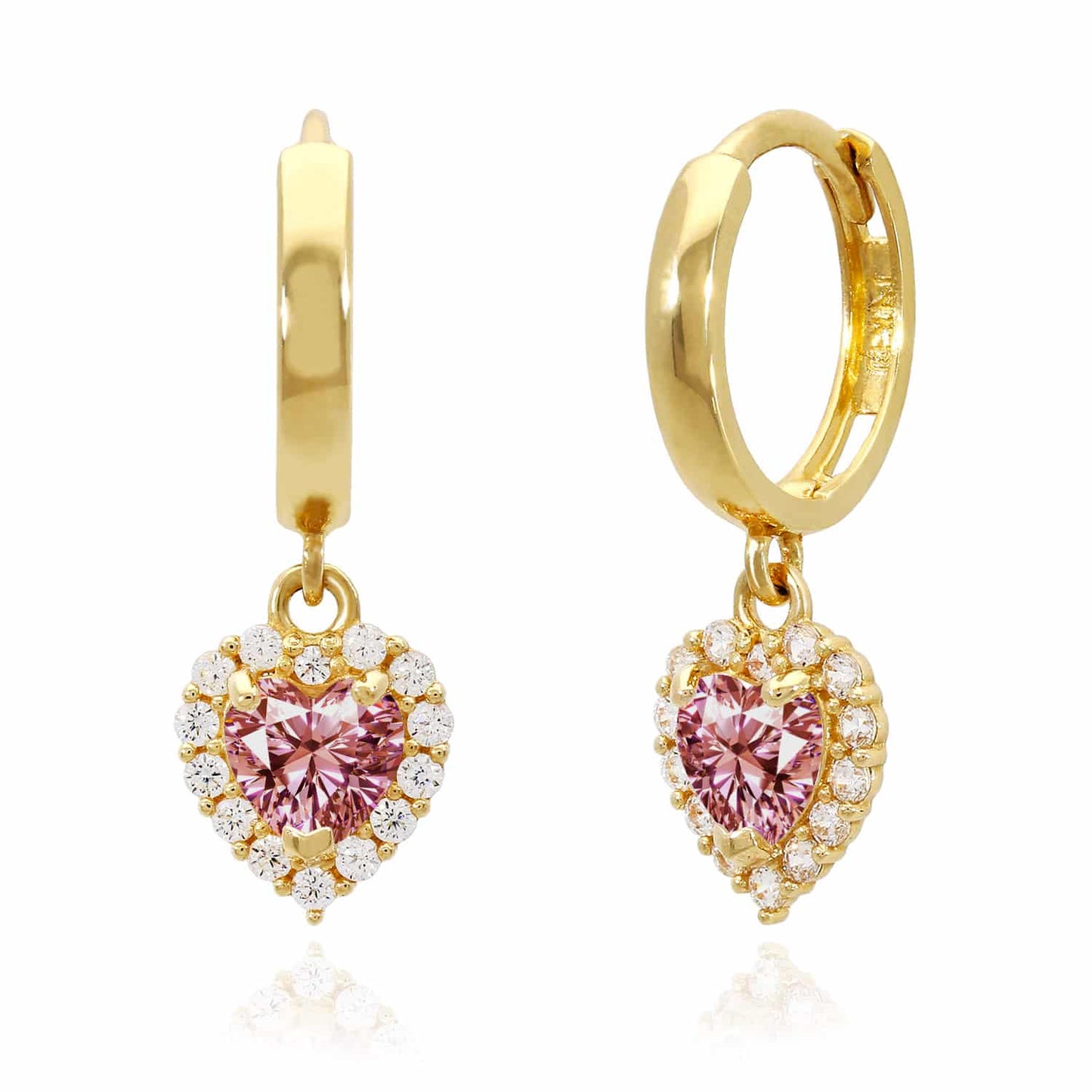 14K Yellow Gold Halo Heart Birthstone CZ Huggie Earrings