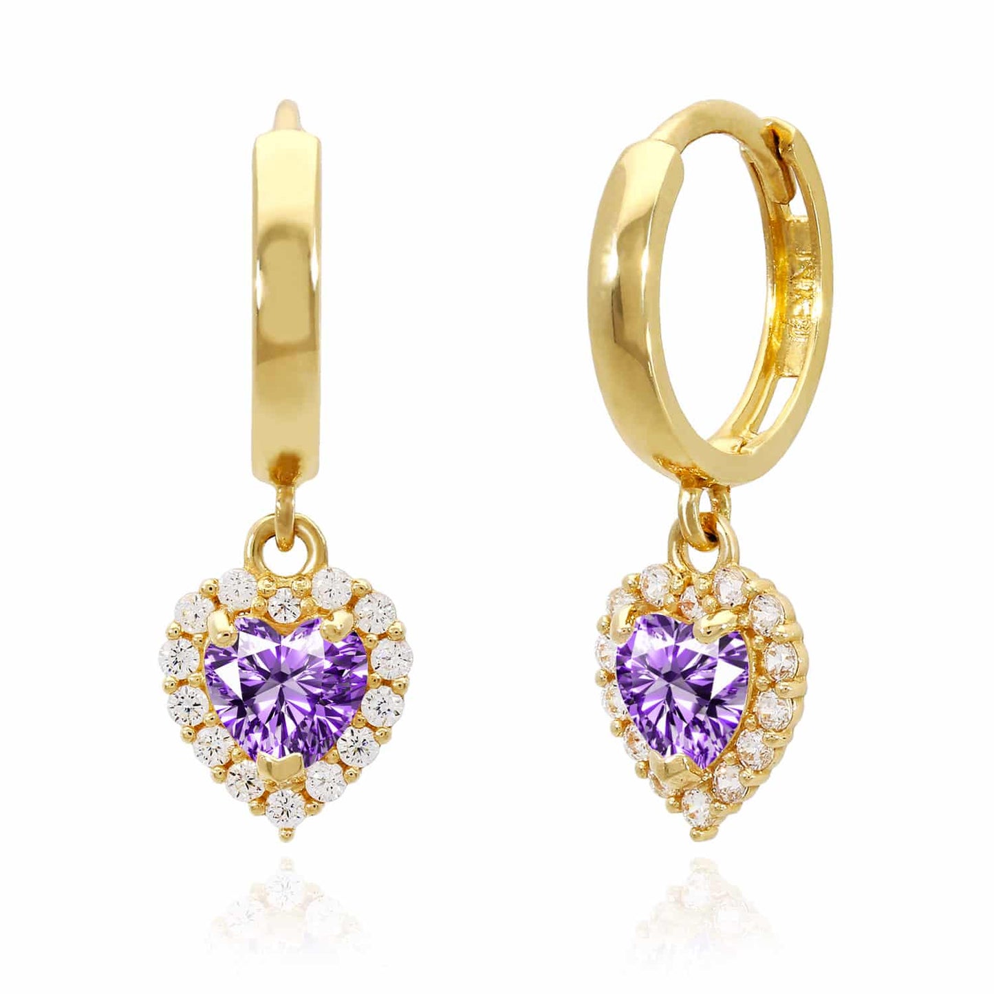 14K Yellow Gold Halo Heart Birthstone CZ Huggie Earrings
