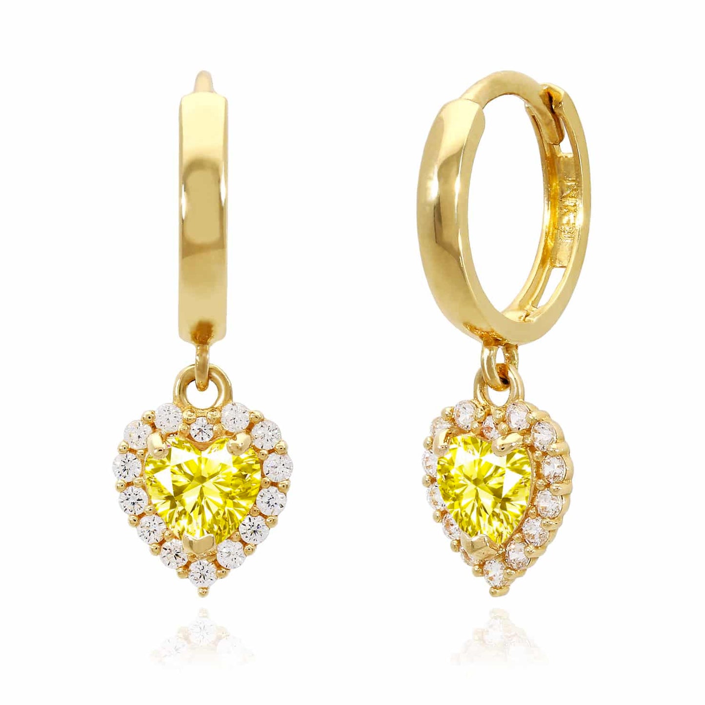 14K Yellow Gold Halo Heart Birthstone CZ Huggie Earrings