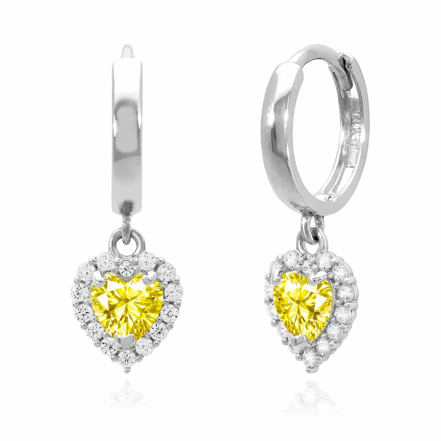 14K White Gold Halo Heart Birthstone CZ Huggie Earrings