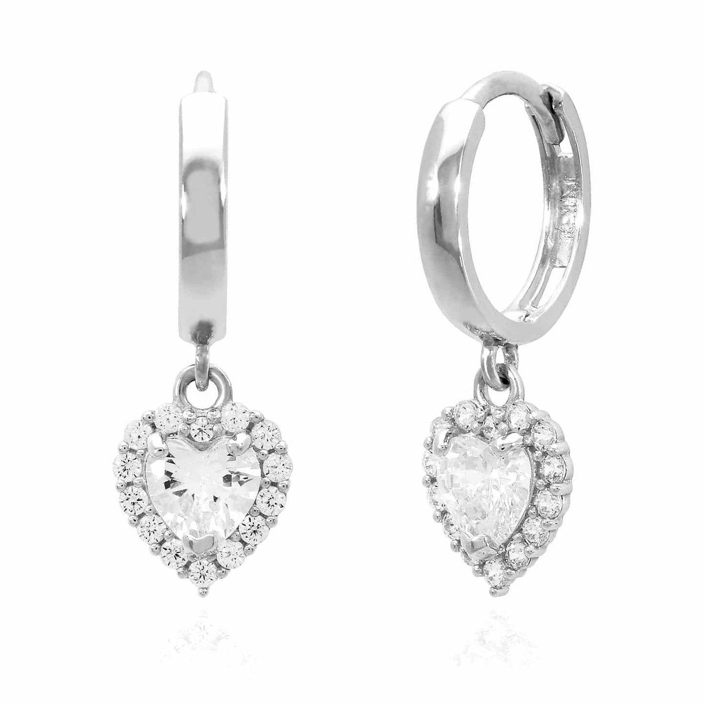 14K White Gold Halo Heart Birthstone CZ Huggie Earrings