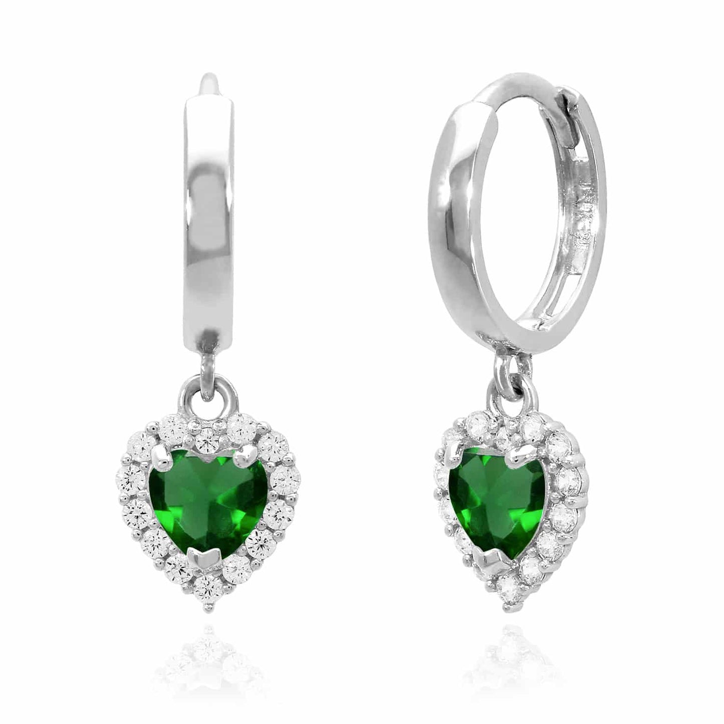 14K White Gold Halo Heart Birthstone CZ Huggie Earrings