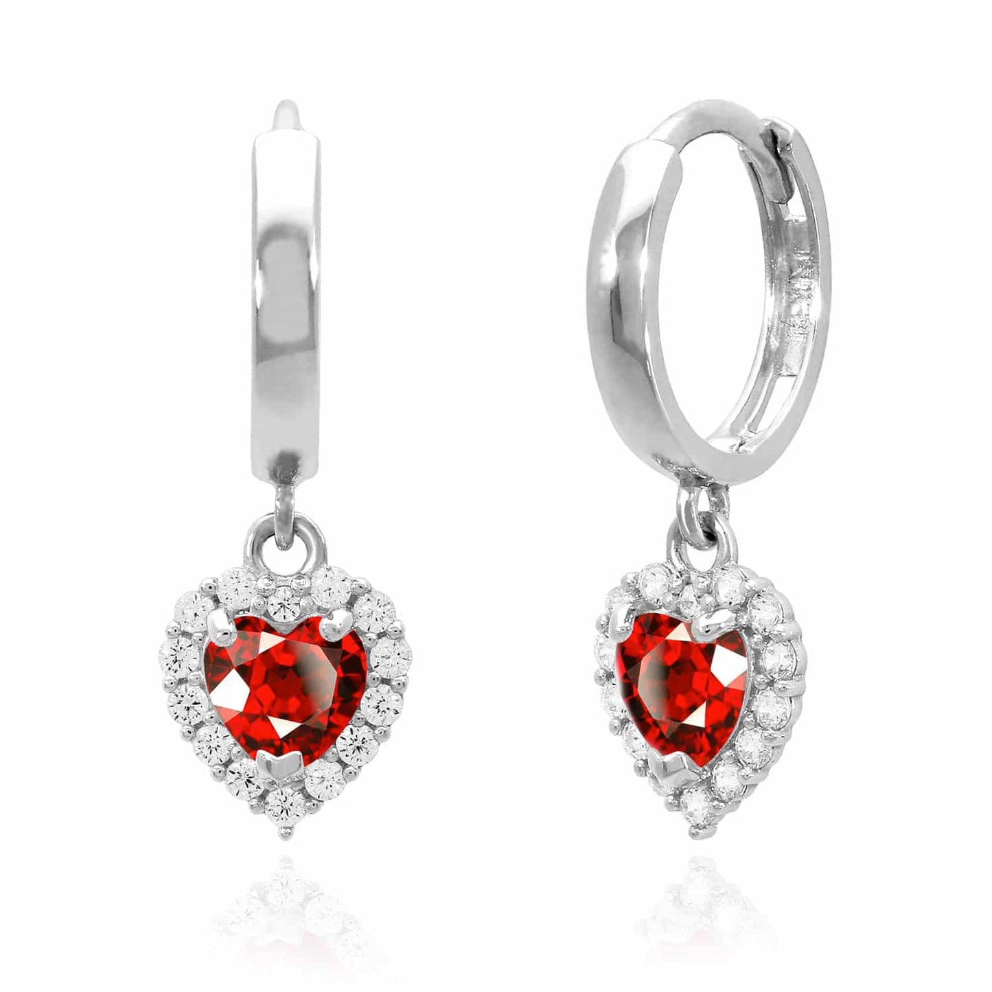14K White Gold Halo Heart Birthstone CZ Huggie Earrings