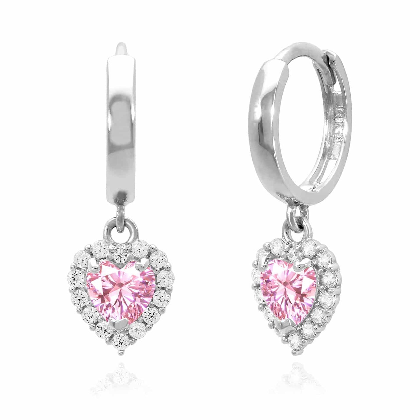 14K White Gold Halo Heart Birthstone CZ Huggie Earrings