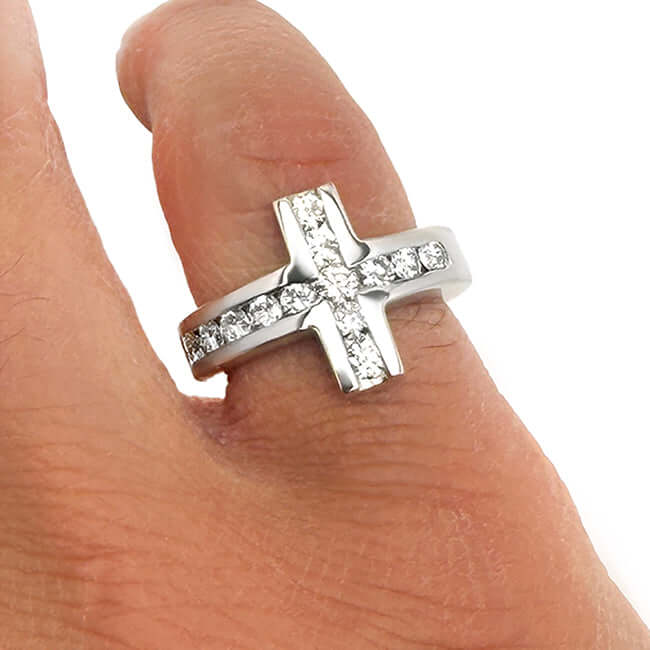 1CTW Natural Diamond 14K Solid Real Gold White Sideways Modern Cross Ring