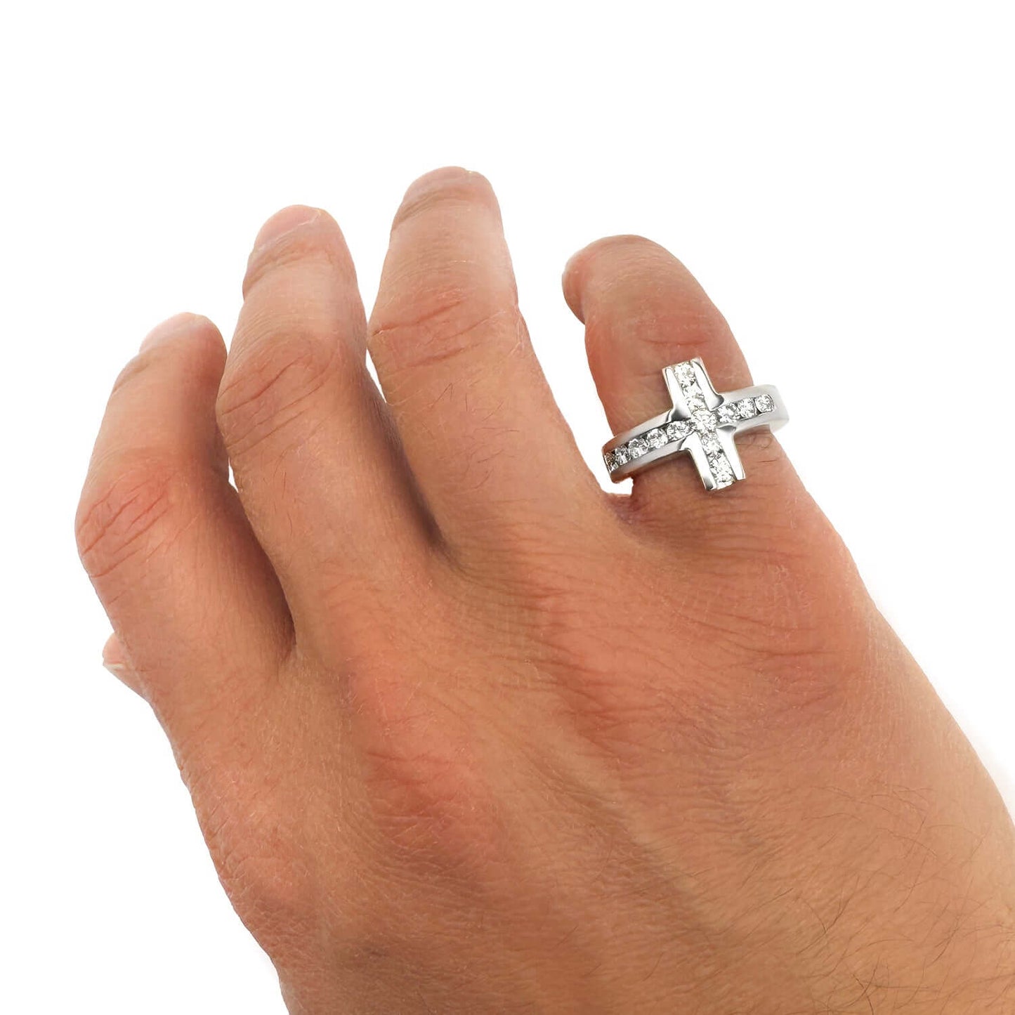 1CTW Natural Diamond 14K Solid Real Gold White Sideways Modern Cross Ring