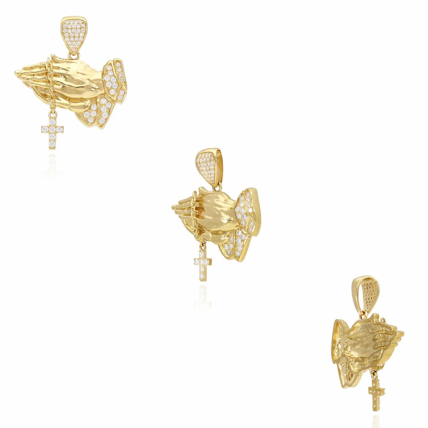 14K Yellow Gold CZ Religious Praying Hands Cross Pendant 1.36"
