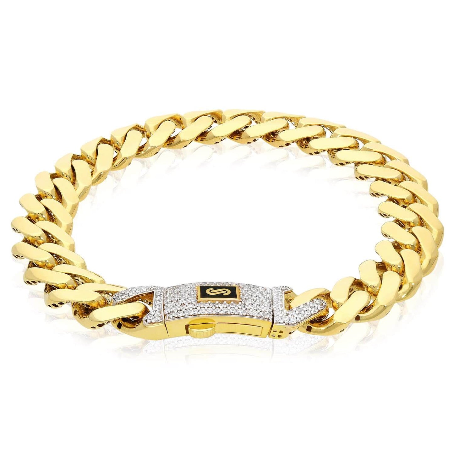 14K Yellow Gold 11.5mm Monaco Miami Bracelet with Swarovski Lock (Hollow) 8.5"