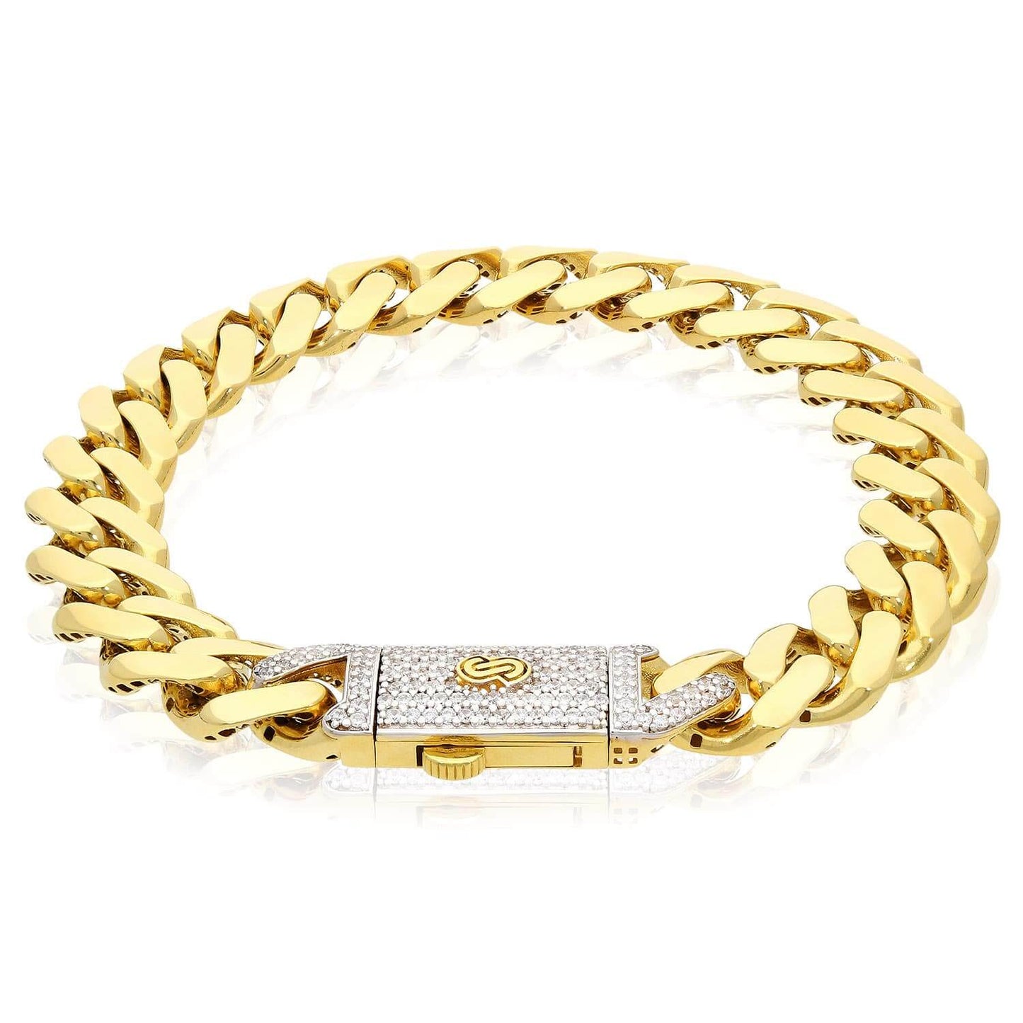 10K Gold Yellow CZ 11mm Pave Box Clasp Miami Bracelet 8.5"