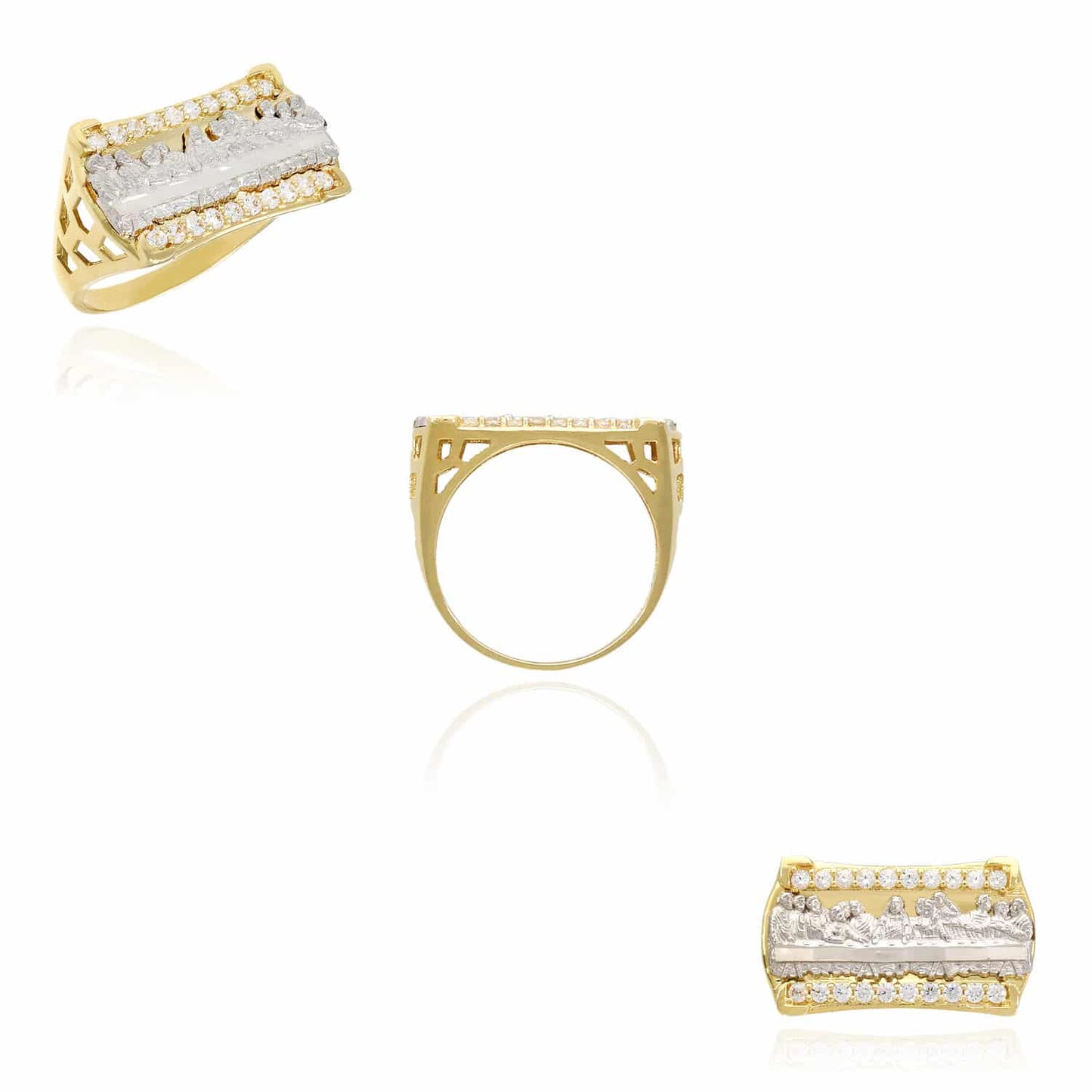 10K Gold Two-Tone CZ Religious Last Supper Signet Ring